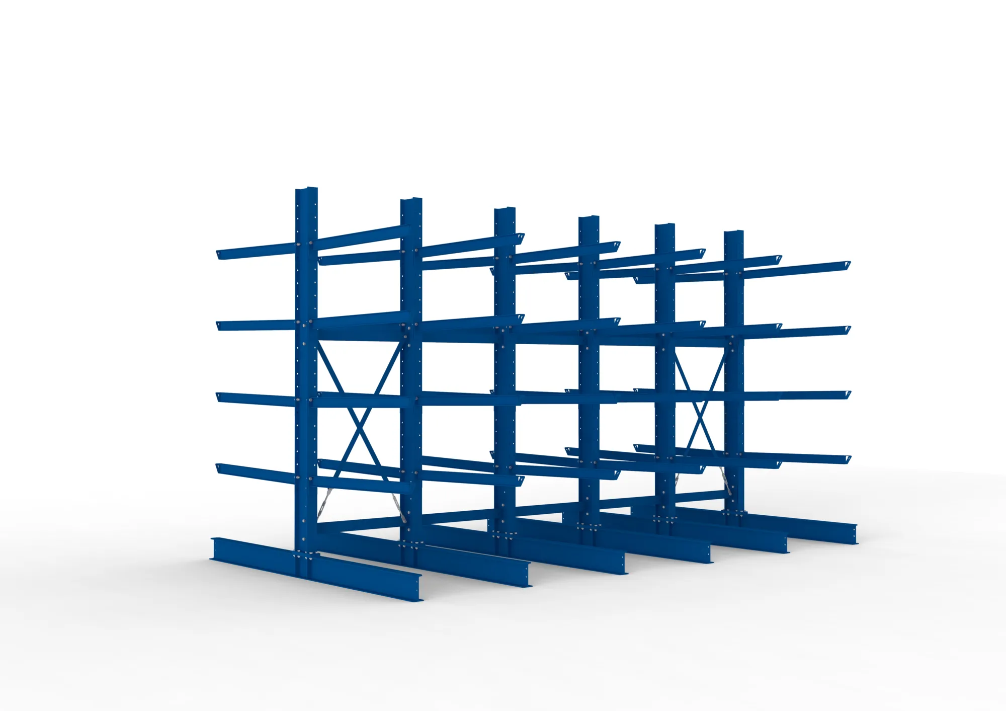 META MULTISTRONG H, Kragarmregal, 5 Felder, 3000 x 5000 x 1250 mm, Armlast 400 kg, doppelseitig, 4+1 Ebenen – Ansicht in Blickhöhe