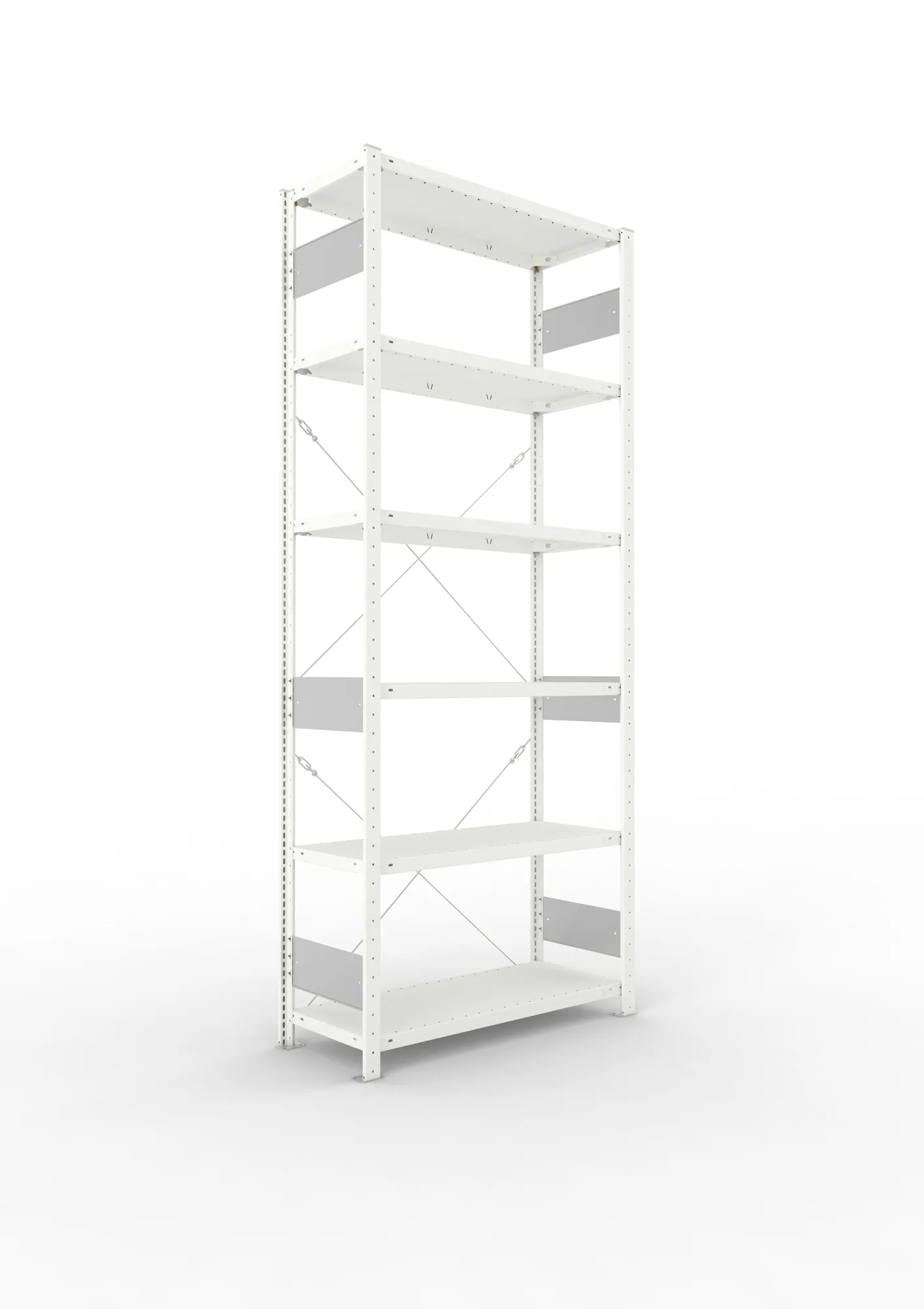 META CLIP S3, Fachbodenregal, Grundregal, 2500 x 1000 x 400 mm, Fachlast 150 kg, 6 Ebenen, RAL 7035 – Ansicht in Blickhöhe