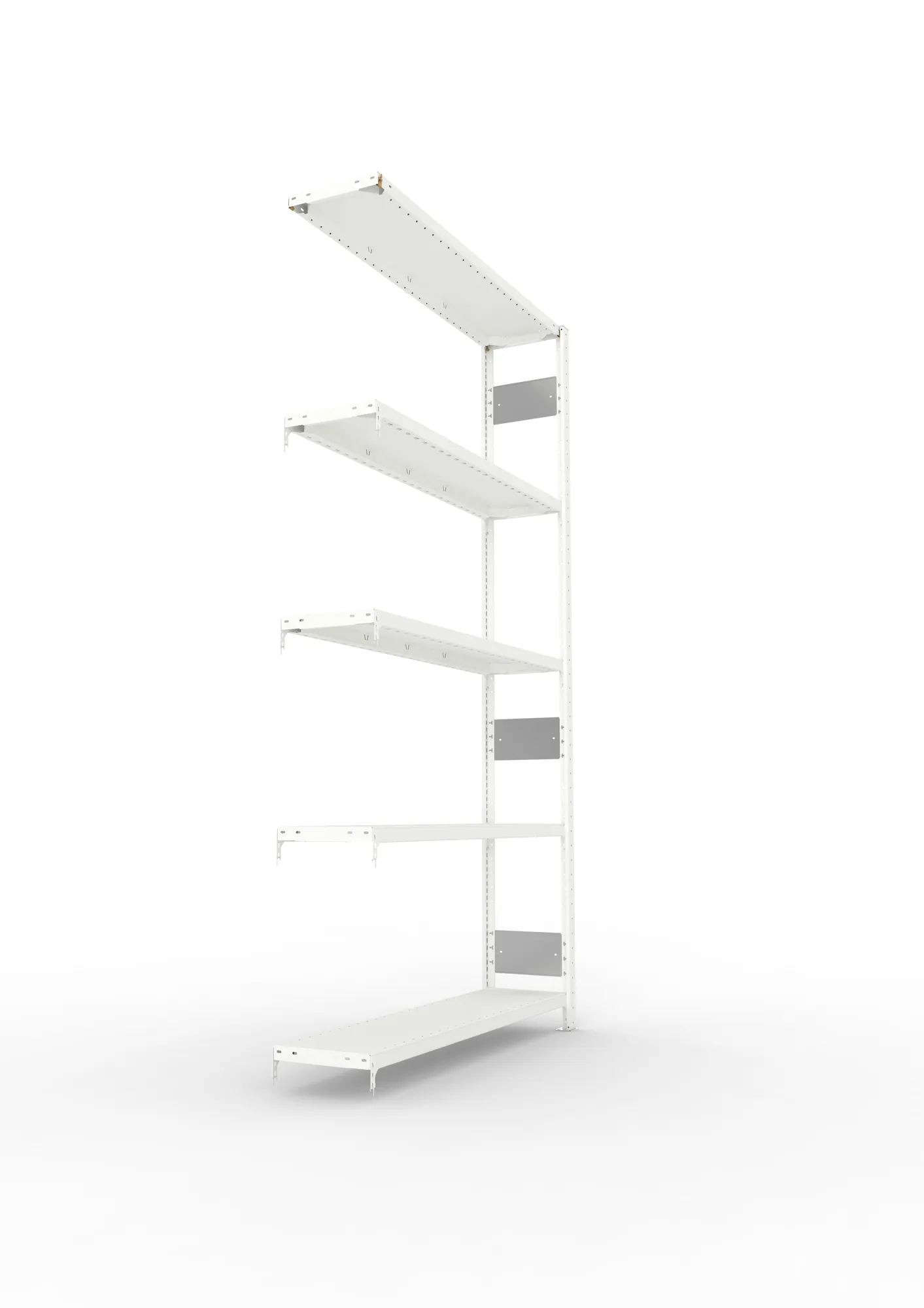 META CLIP S3, Fachbodenregal, Anbauregal, 2500 x 1300 x 300 mm, Fachlast 230 kg, 5 Ebenen, Längsriegel, RAL 7035 – Seitenansicht