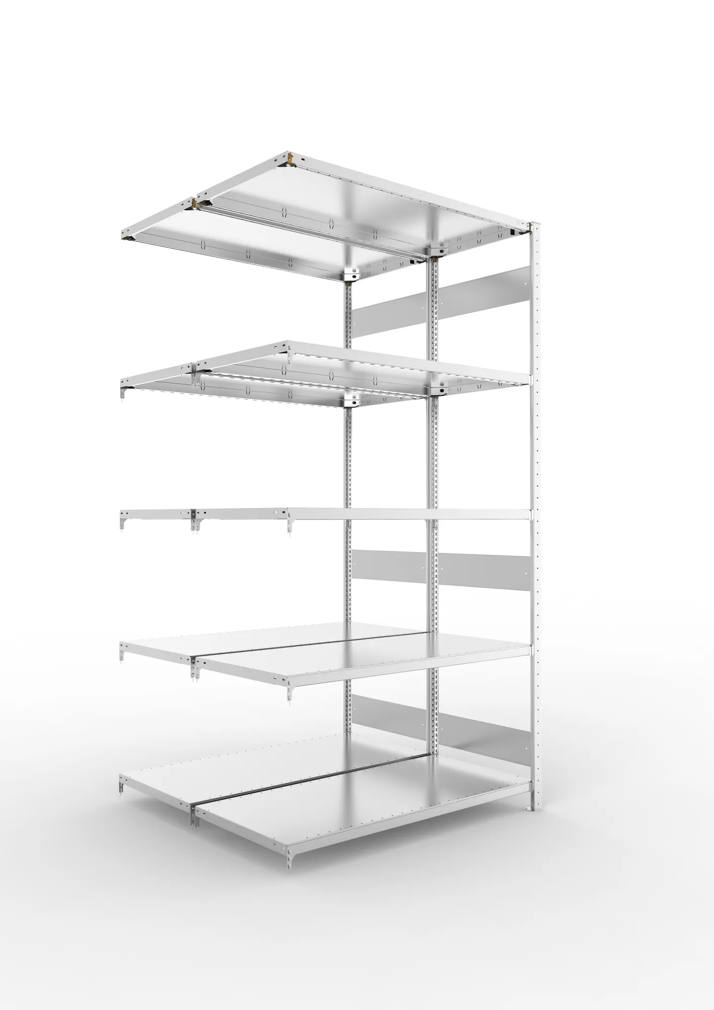 META CLIP S3, Fachbodenregal, Doppel-Anbauregal, 2500 x 1300 x 600 mm, Fachlast 230 kg, 5 Ebenen, Längsriegel, verzinkt – Ansicht in Blickhöhe
