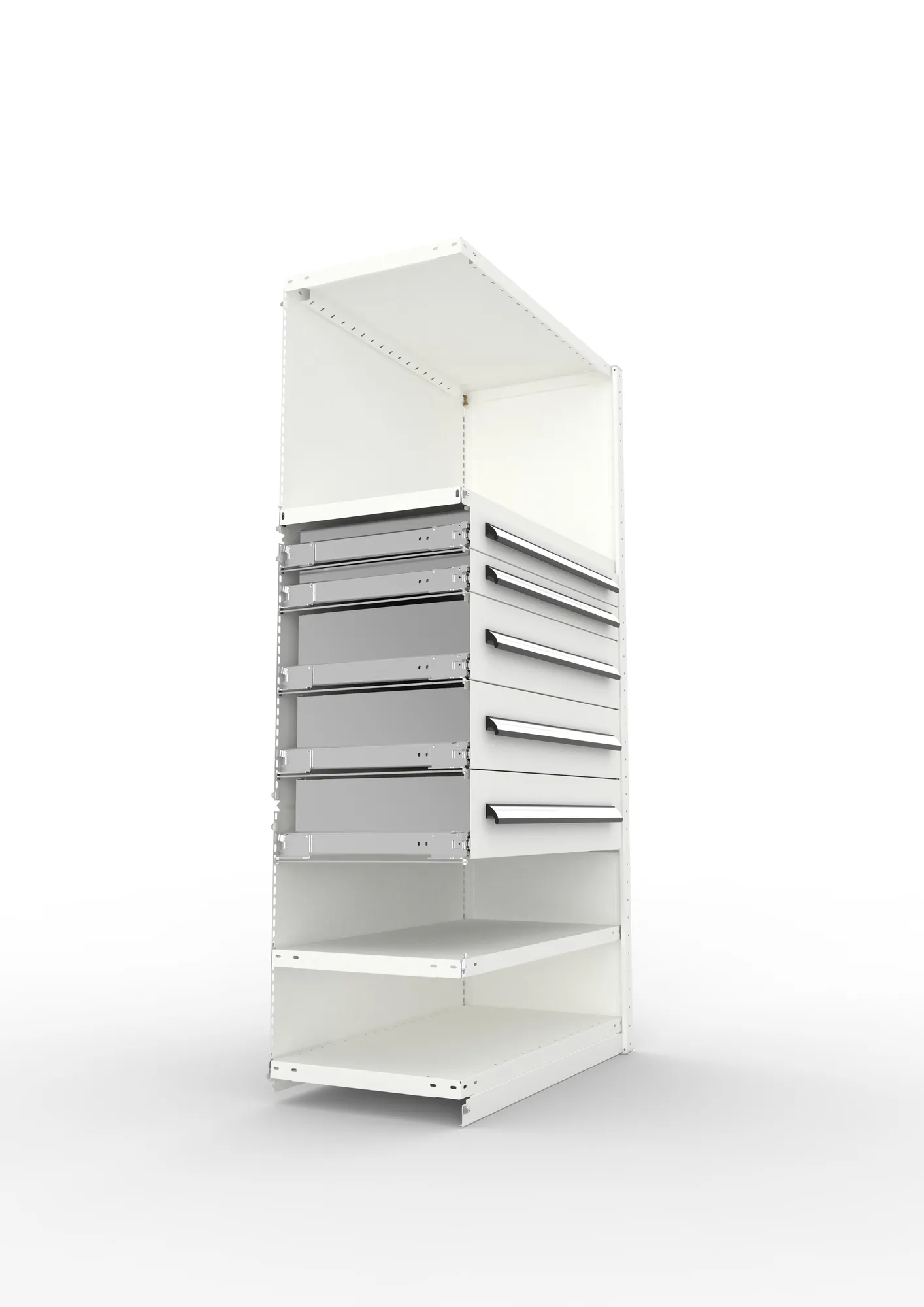 META CLIP, Schrankmodul, Anbauregal, Variante 4, 2000 x 1000 x 500 mm, Schubladen mittig, RAL 7035 – Seitenansicht