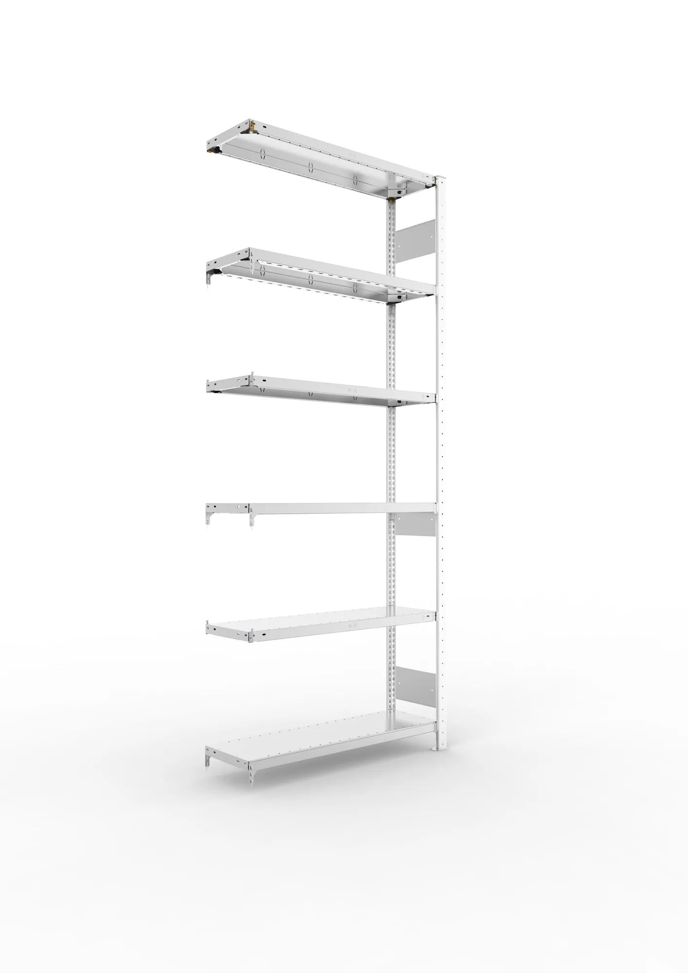 META CLIP S3, Fachbodenregal, Anbauregal, 2500 x 1000 x 300 mm, Fachlast 150 kg, 6 Ebenen, Längsriegel, verzinkt – Ansicht in Blickhöhe