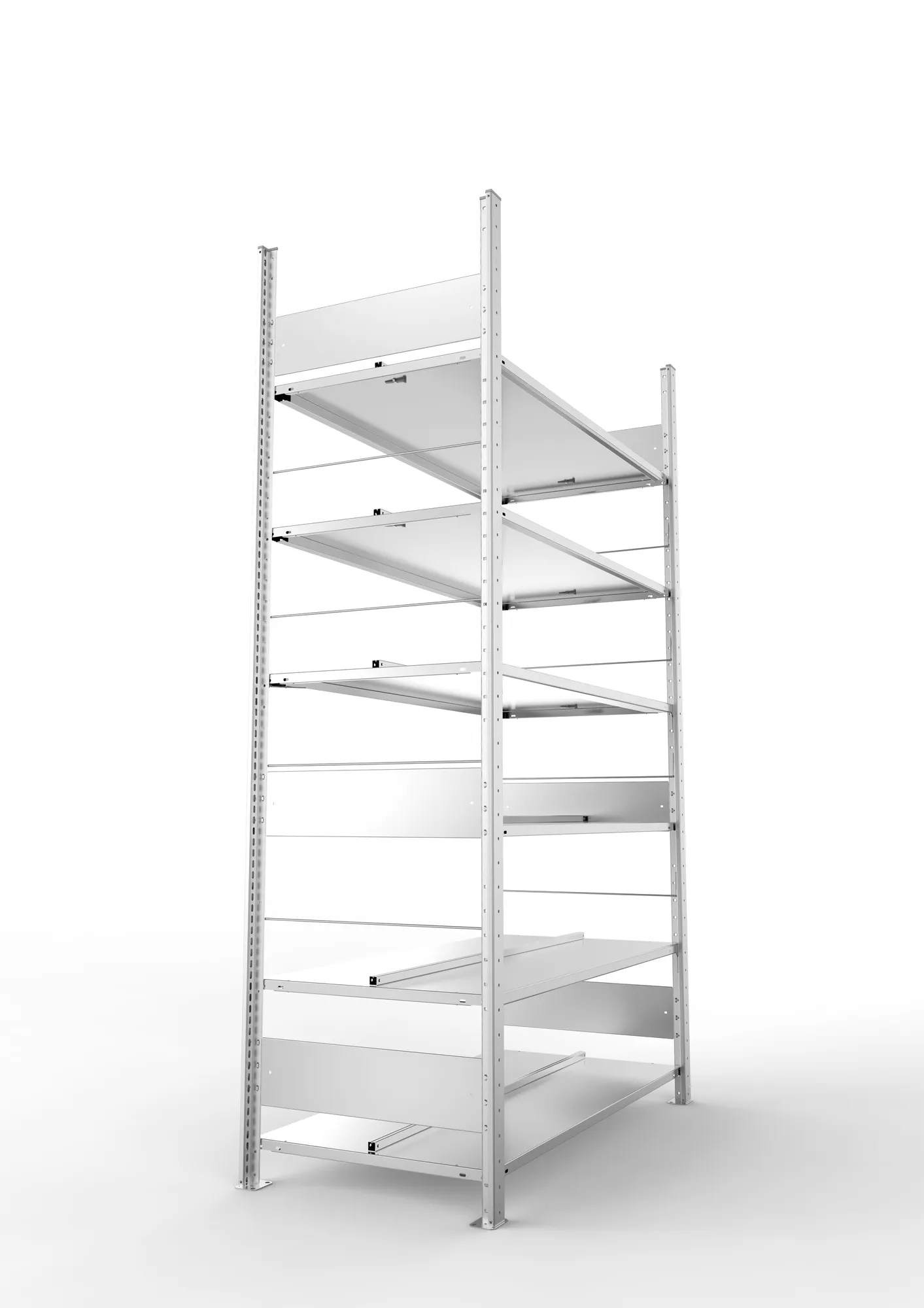 META CLIP COMPACT S3, Büro-Steckregal, Doppel-Grundregal, 2200 x 1250 x 600 mm, Fachlast 100 kg, 6+0 Ebenen, Mittelanschlag, verzinkt – Seitenansicht