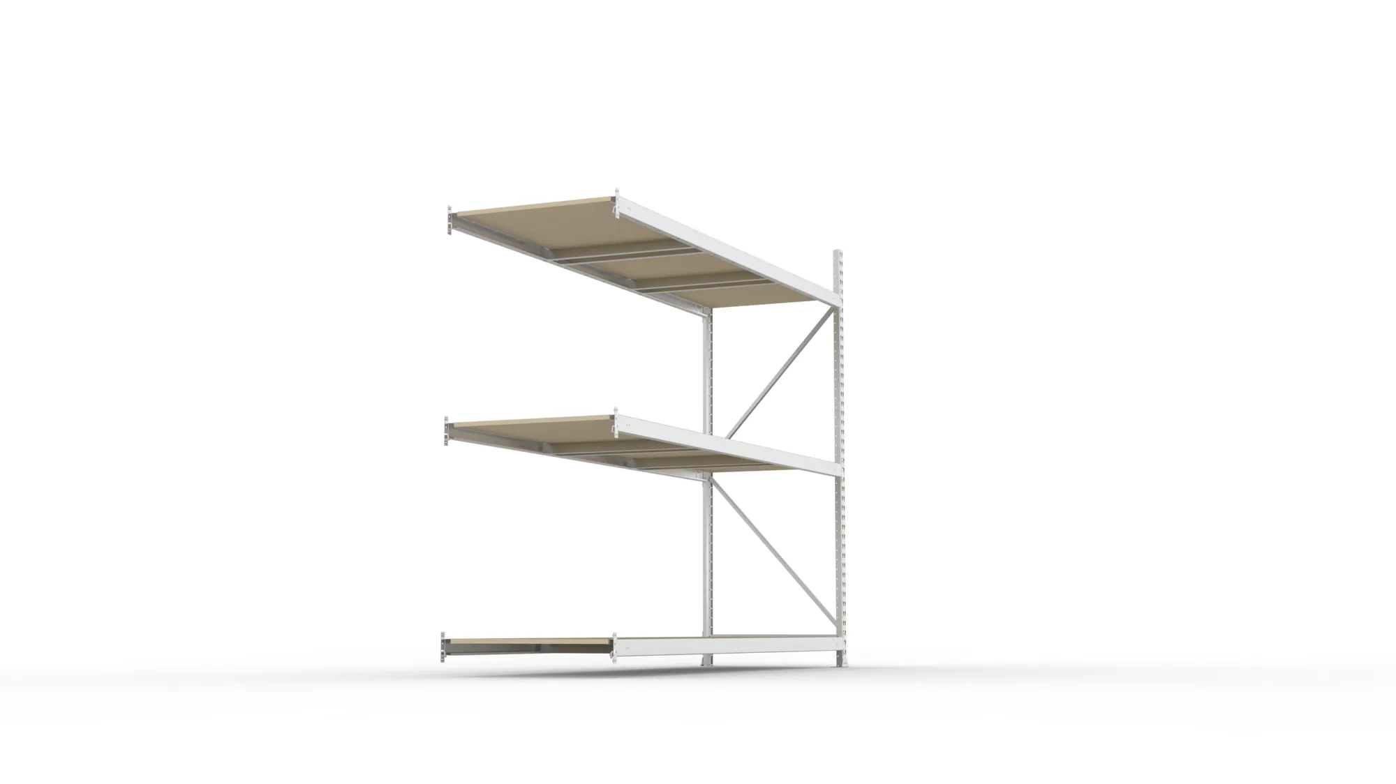 META MINI-RACK, Weitspannregal, Anbauregal, 2200 x 2600 x 800 mm, Fachlast 490 kg, Spanplattenböden, 3 Ebenen – Seitenansicht