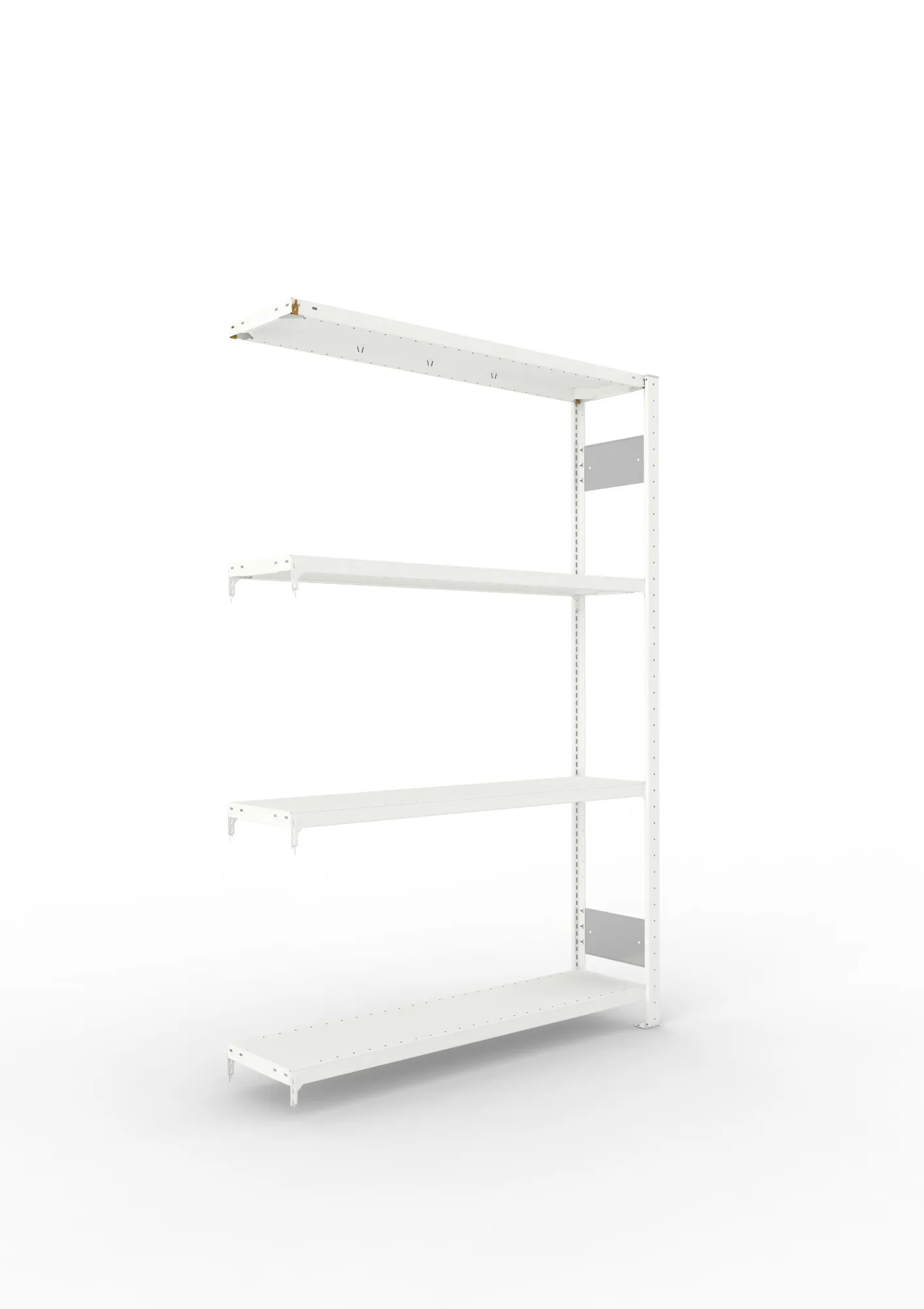 META CLIP S3, Fachbodenregal, Anbauregal, 2000 x 1300 x 300 mm, Fachlast 230 kg, 4 Ebenen, Längsriegel, RAL 7035 – Ansicht in Blickhöhe