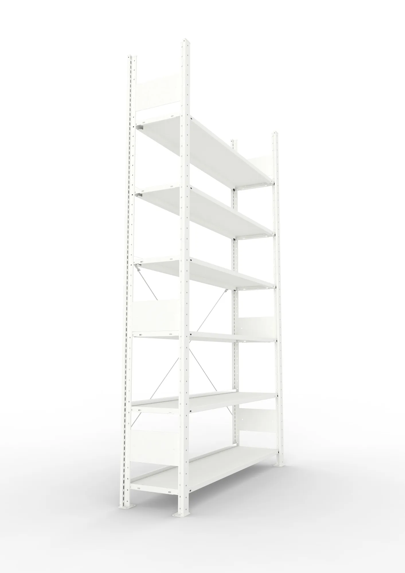 META CLIP COMPACT, Büro-Steckregal, Grundregal, 2200 x 1250 x 300 mm, Fachlast 80 kg, 6+0 Ebenen, RAL 7035 – Seitenansicht