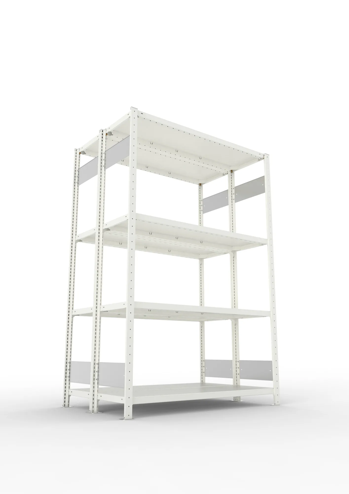 META CLIP S3, Fachbodenregal, Doppel-Grundregal, 2000 x 1300 x 400 mm, Fachlast 230 kg, 4 Ebenen, Längsriegel, RAL 7035 – Ansicht von unten