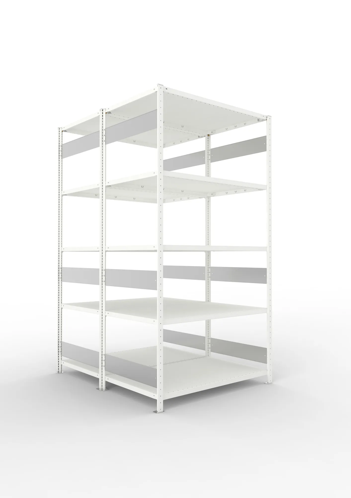 META CLIP S3, Fachbodenregal, Doppel-Grundregal, 2500 x 1300 x 800 mm, Fachlast 230 kg, 5 Ebenen, Längsriegel, RAL 7035 – Ansicht in Blickhöhe