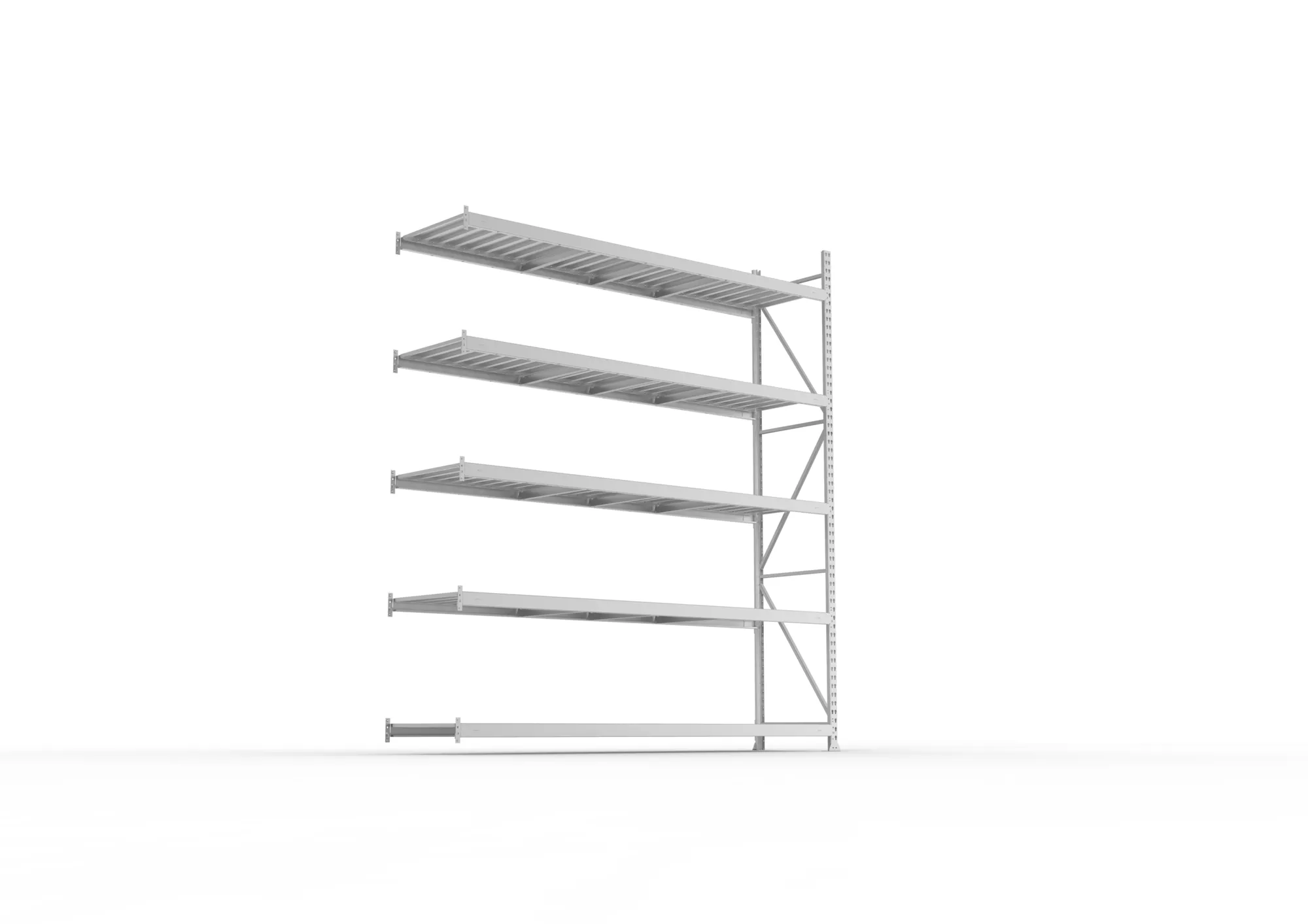 META MINI-RACK, Weitspannregal, Anbauregal, 3000 x 2600 x 650 mm, Fachlast 490 kg, Stahlpaneelböden, 5 Ebenen – Ansicht von unten