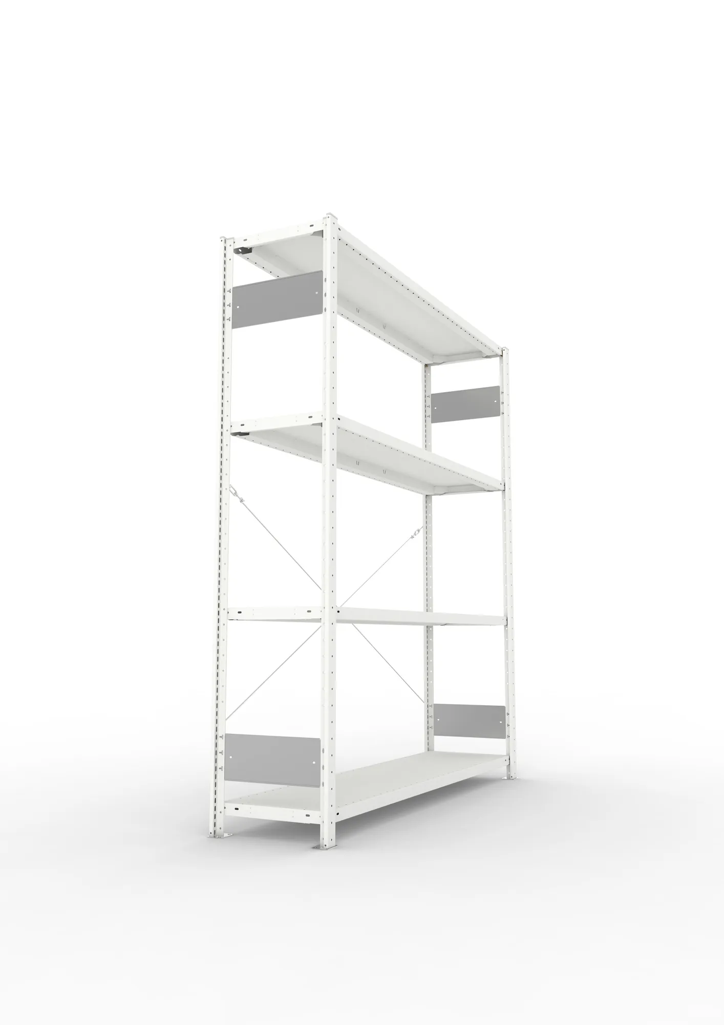 META CLIP S3, Fachbodenregal, Grundregal, 2000 x 1700 x 400 mm, Fachlast 200 kg, 4 Ebenen, RAL 7035 – Seitenansicht
