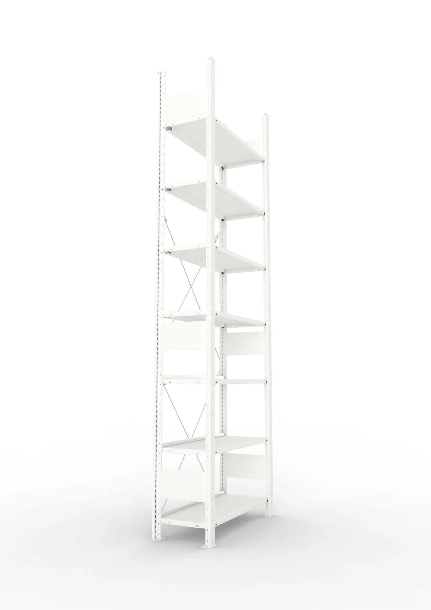 META CLIP COMPACT, Büro-Steckregal, Grundregal, 2500 x 750 x 300 mm, Fachlast 80 kg, 7+0 Ebenen, RAL 7035 – Seitenansicht