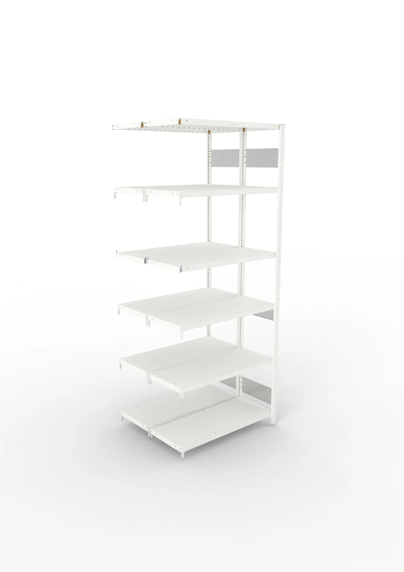 META CLIP S3, Fachbodenregal, Doppel-Anbauregal, 2500 x 1000 x 400 mm, Fachlast 230 kg, 6 Ebenen, Längsriegel, RAL 7035 – Ansicht von oben