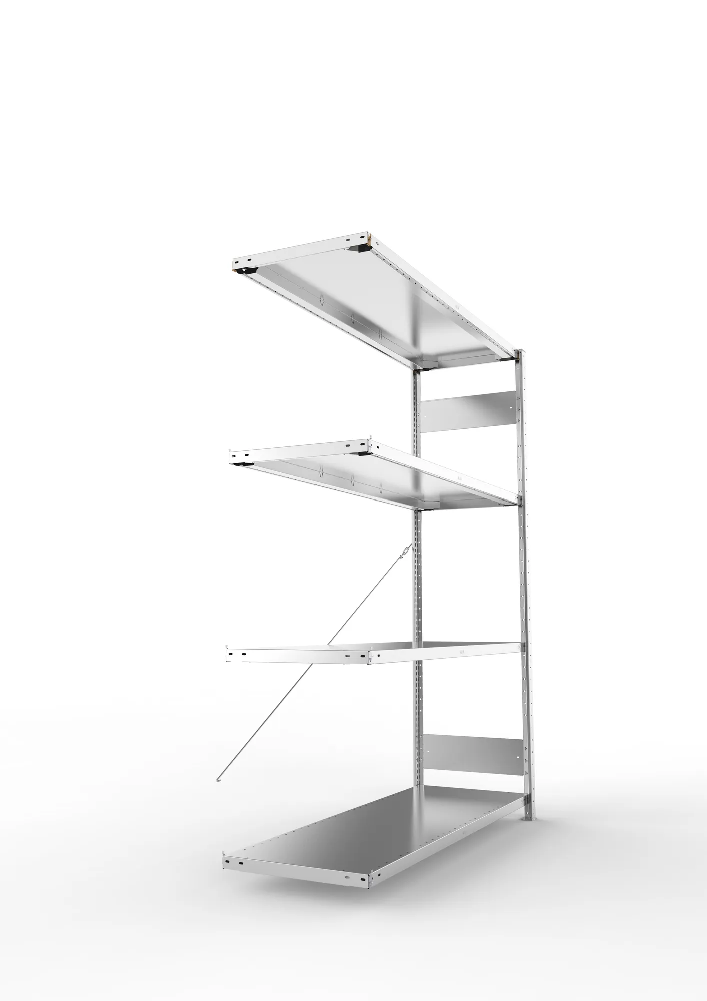 META CLIP S3, Fachbodenregal, Anbauregal, 2000 x 1500 x 500 mm, Fachlast 200 kg, 4 Ebenen, verzinkt – Seitenansicht