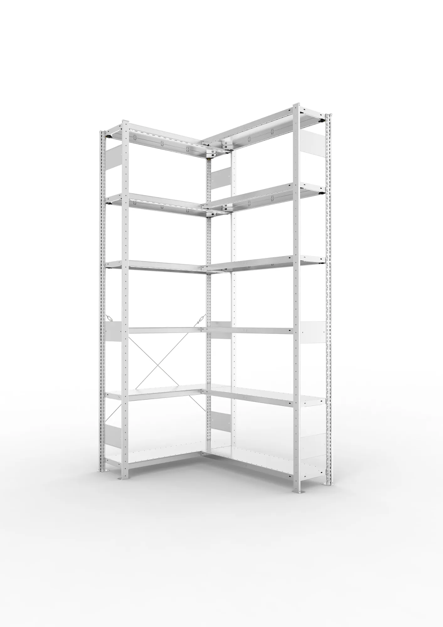 META CLIP, Eckregal, 2500 x 1000 x 300 mm, Fachlast 100 kg, 6 Ebenen, verzinkt – Ansicht in Blickhöhe
