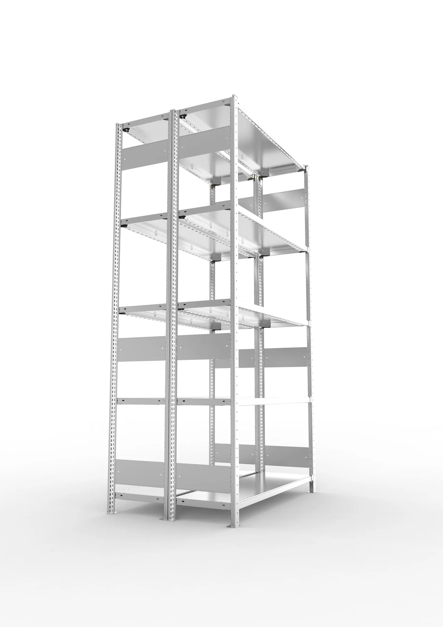 META CLIP S3, Fachbodenregal, Doppel-Grundregal, 2500 x 1300 x 400 mm, Fachlast 230 kg, 5 Ebenen, Längsriegel, verzinkt – Seitenansicht