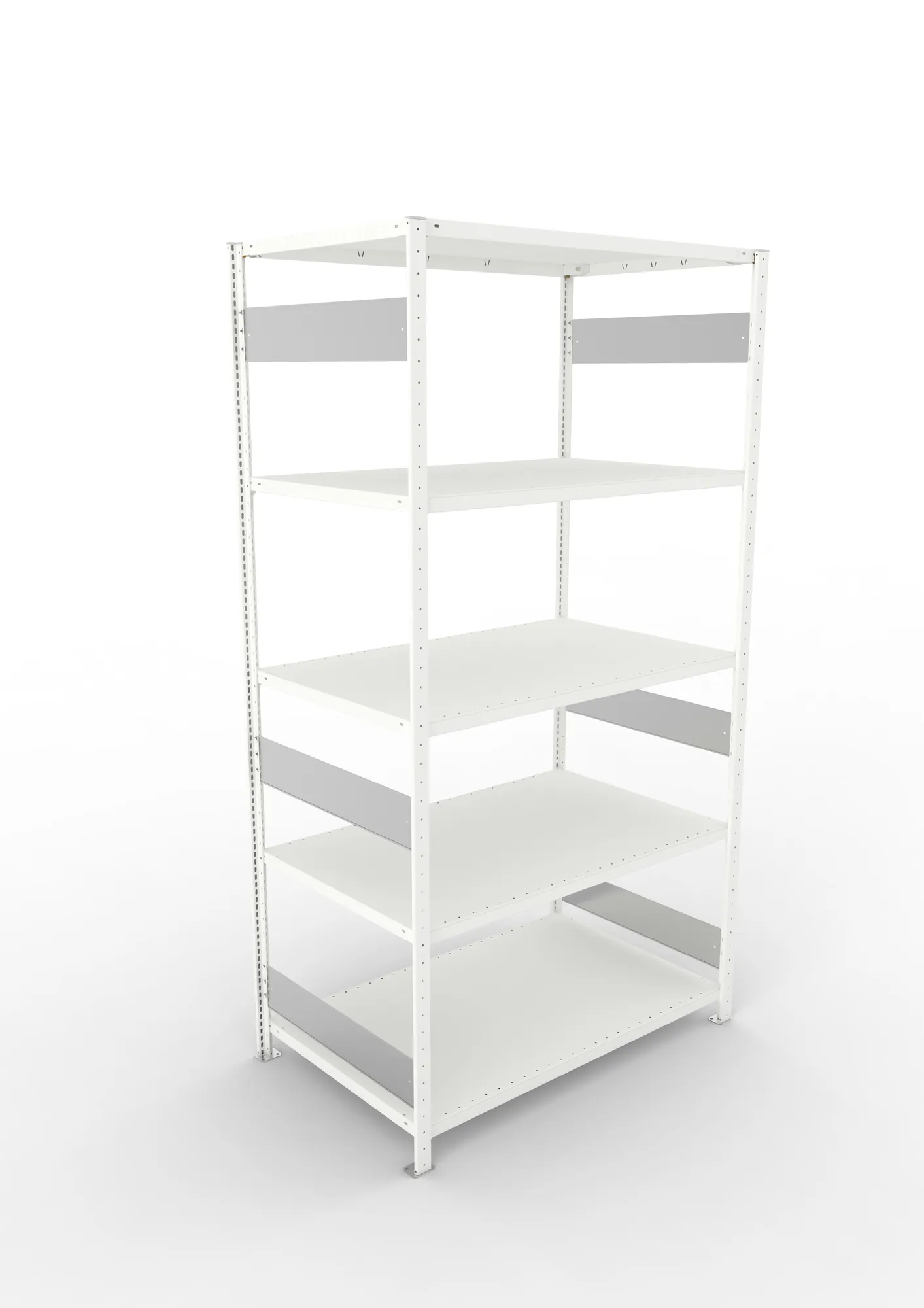 META CLIP S3, Fachbodenregal, Grundregal, 2500 x 1300 x 800 mm, Fachlast 230 kg, 5 Ebenen, Längsriegel, RAL 7035 – Ansicht von oben