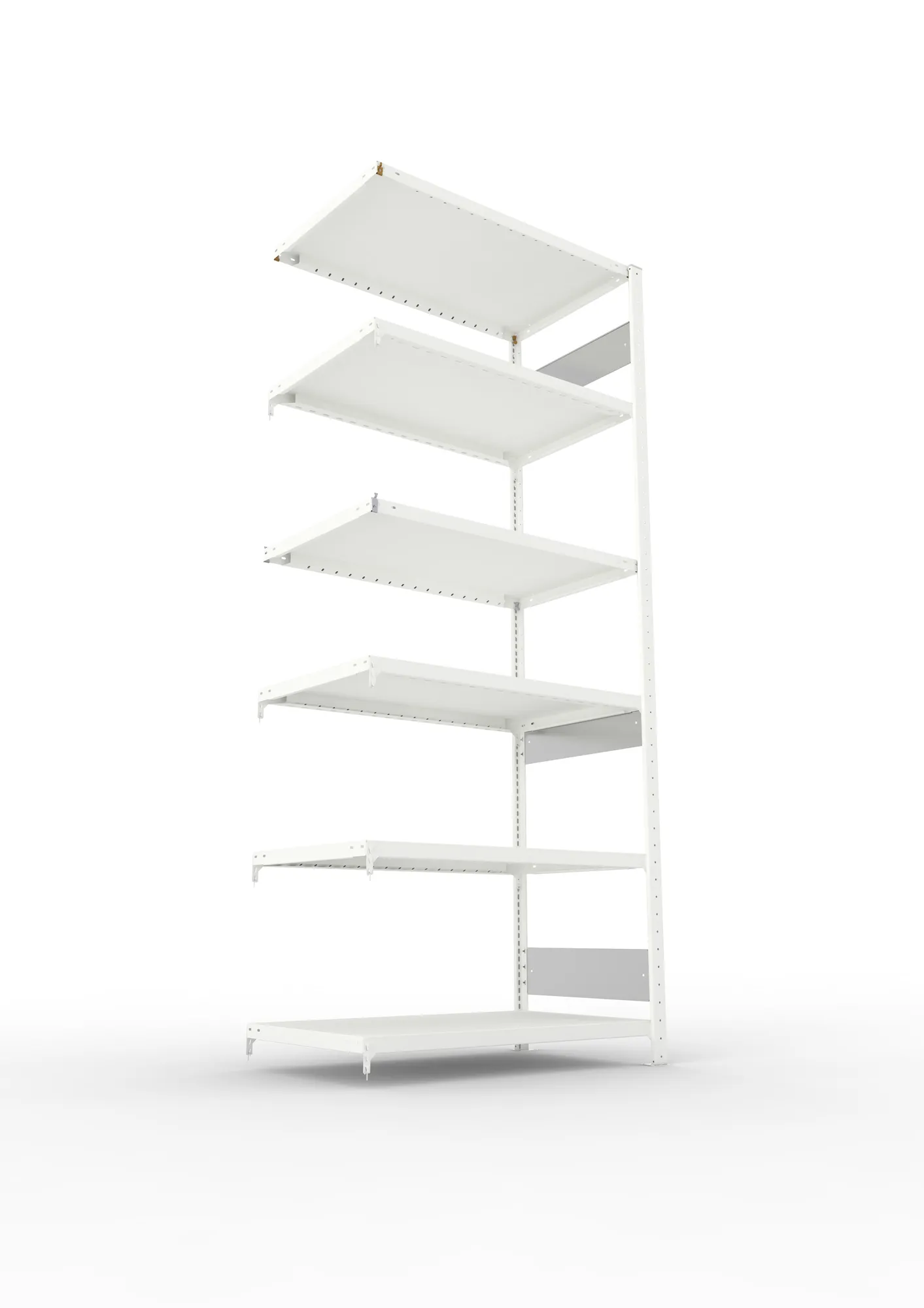 META CLIP S3, Fachbodenregal, Anbauregal, 2500 x 1000 x 600 mm, Fachlast 230 kg, 6 Ebenen, Längsriegel, RAL 7035 – Ansicht von unten