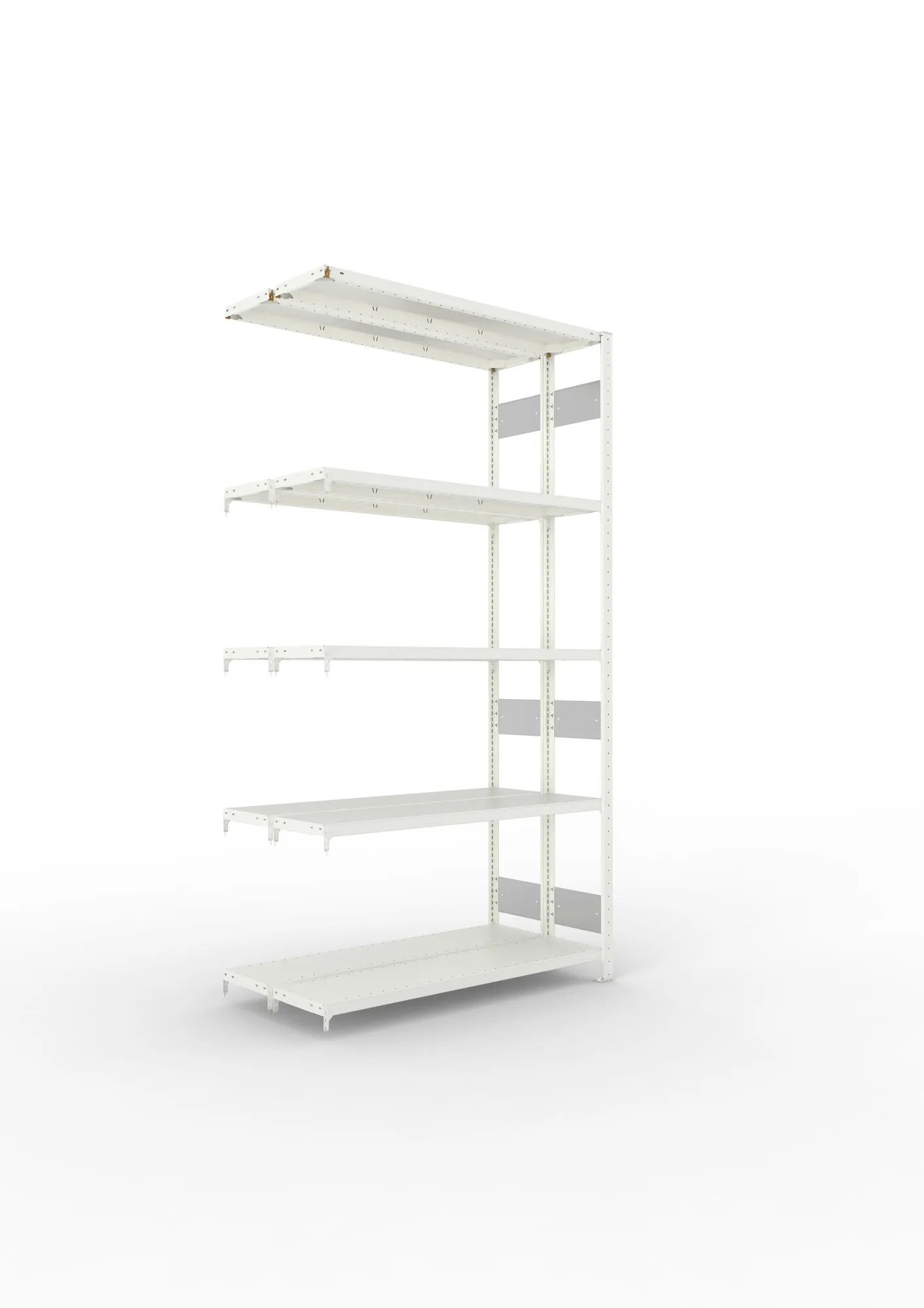 META CLIP S3, Fachbodenregal, Doppel-Anbauregal, 2500 x 1300 x 300 mm, Fachlast 230 kg, 5 Ebenen, Längsriegel, RAL 7035 – Ansicht in Blickhöhe
