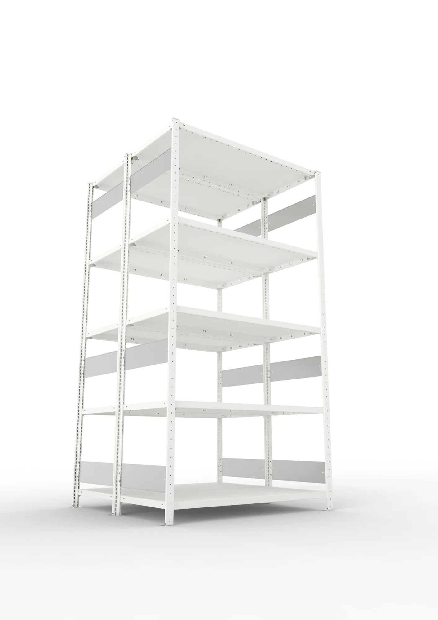 META CLIP S3, Fachbodenregal, Doppel-Grundregal, 2500 x 1300 x 600 mm, Fachlast 230 kg, 5 Ebenen, Längsriegel, RAL 7035 – Ansicht von unten