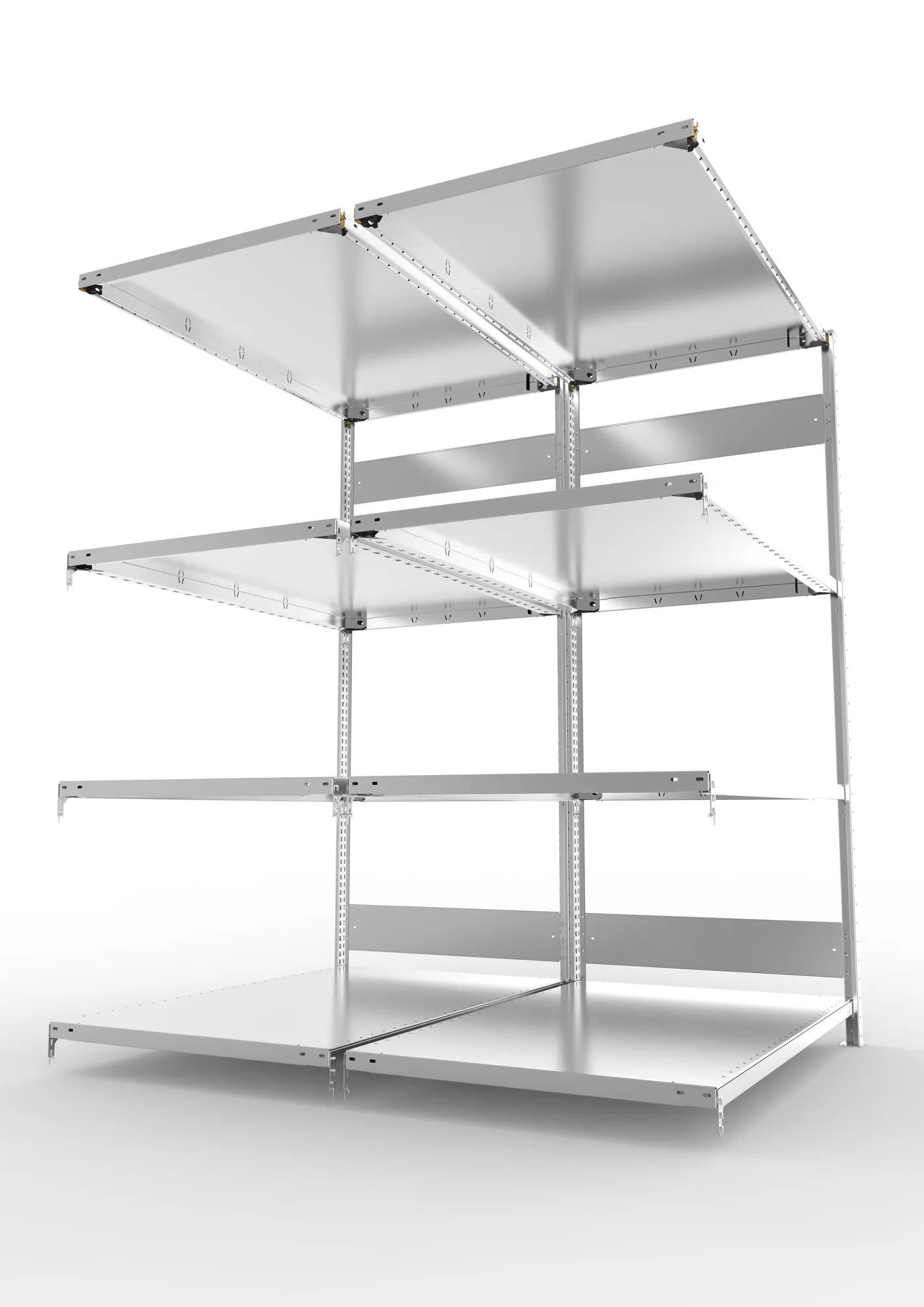 META CLIP S3, Fachbodenregal, Doppel-Anbauregal, 2000 x 1300 x 800 mm, Fachlast 230 kg, 4 Ebenen, Längsriegel, verzinkt – Seitenansicht