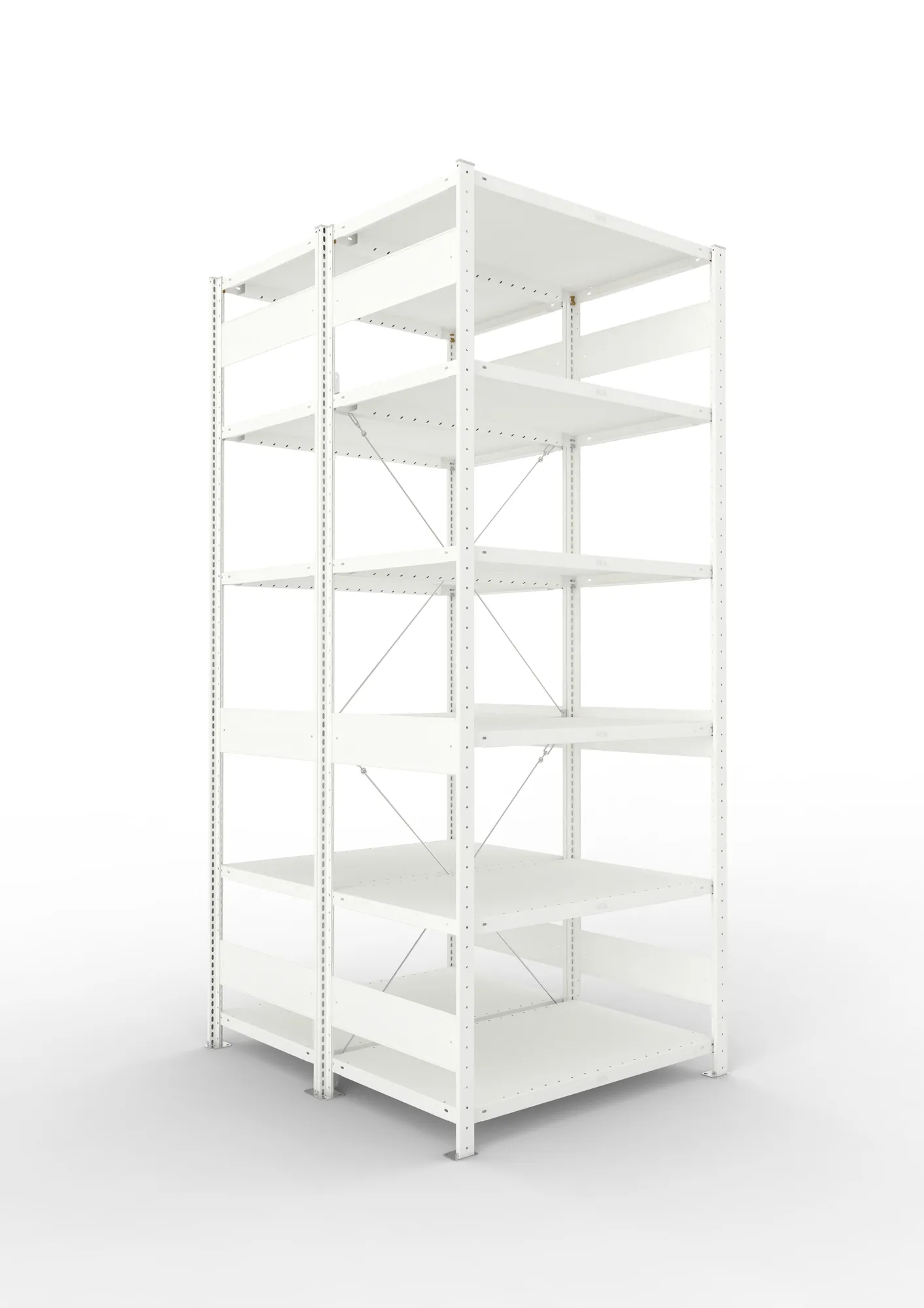META CLIP, Fachbodenregal, Doppel-Grundregal, 2500 x 1000 x 600 mm, Fachlast 230 kg, 6 Ebenen, RAL 7035 – Ansicht in Blickhöhe