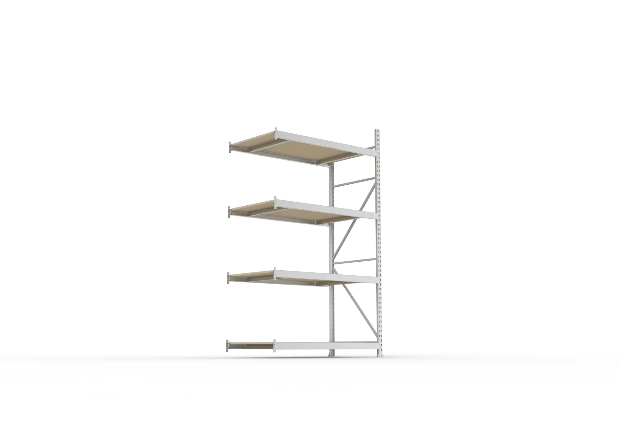META MINI-RACK, Weitspannregal, Anbauregal, 2500 x 1400 x 800 mm, Fachlast 600 kg, Spanplattenböden, 4 Ebenen – Ansicht von unten