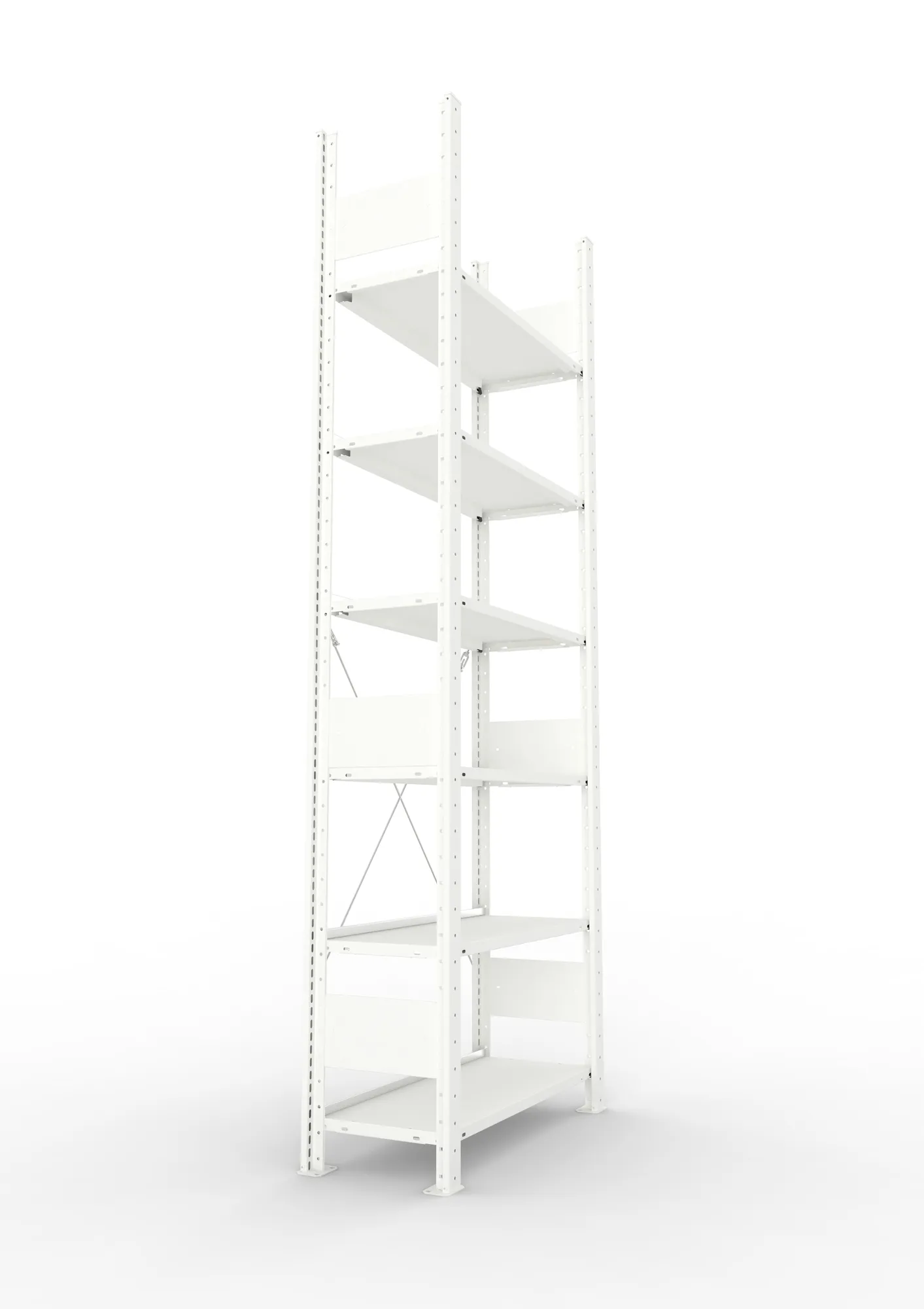 META CLIP COMPACT, Büro-Steckregal, Grundregal, 2200 x 750 x 300 mm, Fachlast 80 kg, 6+0 Ebenen, RAL 7035 – Seitenansicht
