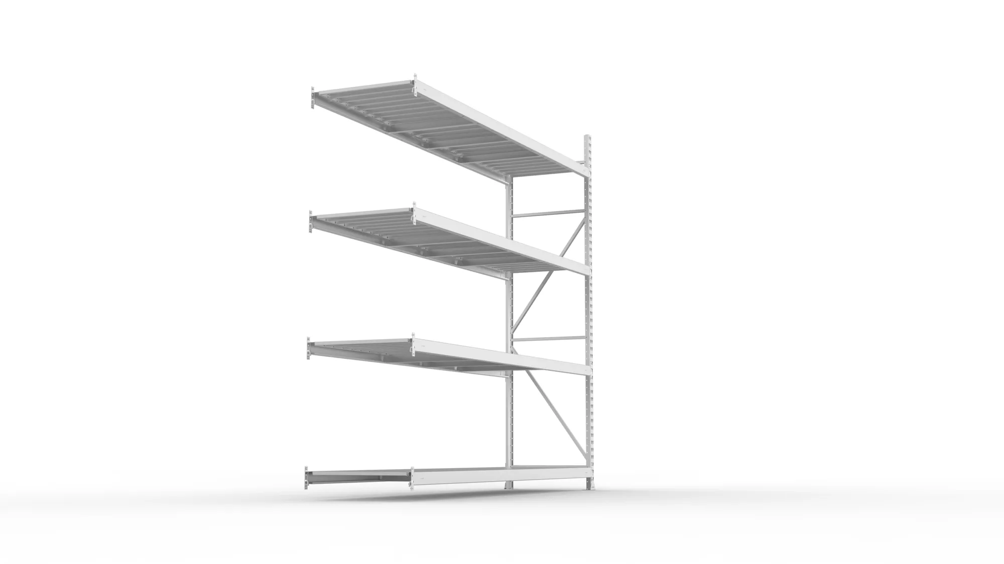 META MINI-RACK, Weitspannregal, Anbauregal, 2500 x 2600 x 650 mm, Fachlast 490 kg, Stahlpaneelböden, 4 Ebenen – Seitenansicht