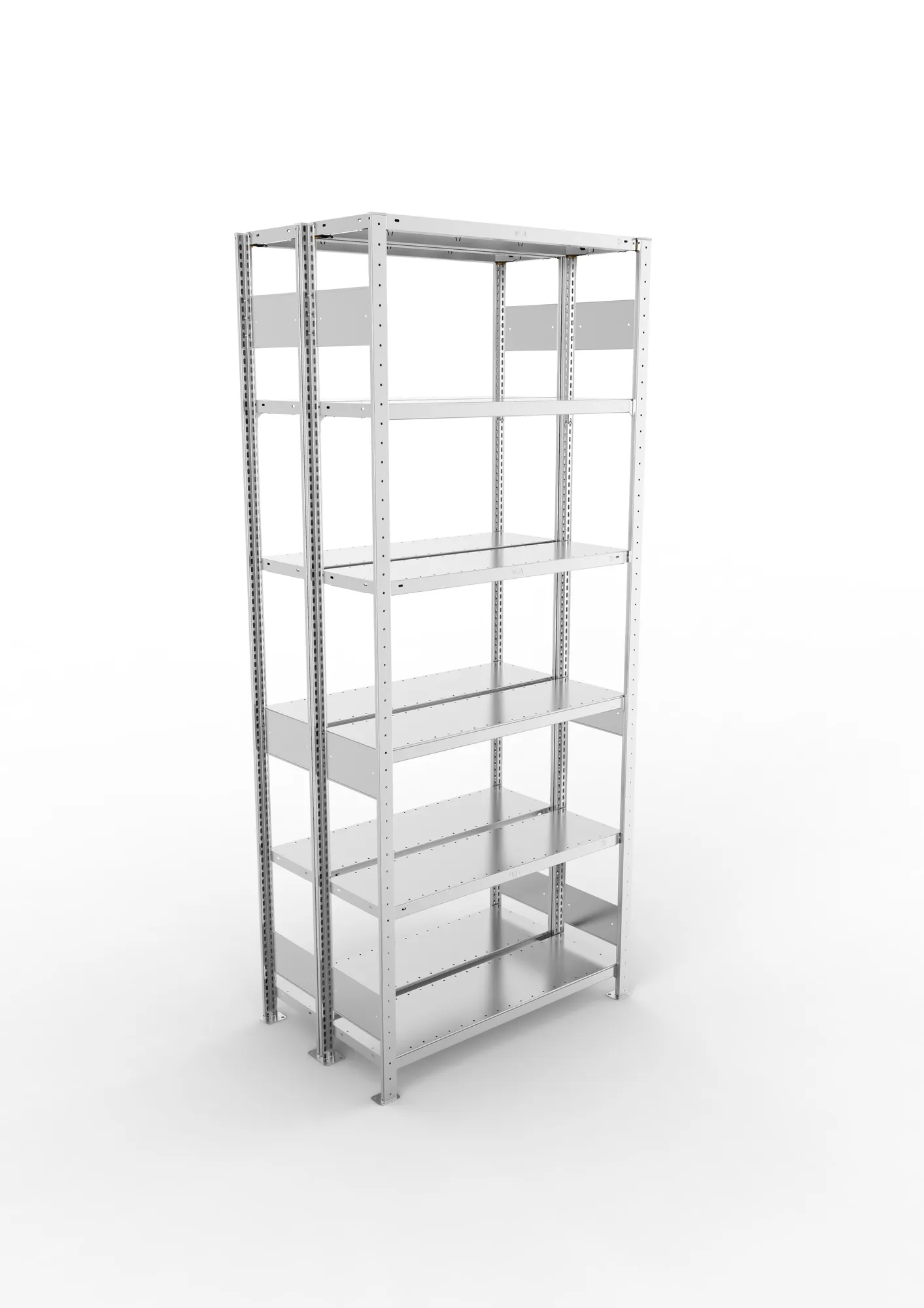 META CLIP S3, Fachbodenregal, Doppel-Grundregal, 2500 x 1000 x 300 mm, Fachlast 150 kg, 6 Ebenen, Längsriegel, verzinkt – Ansicht von oben