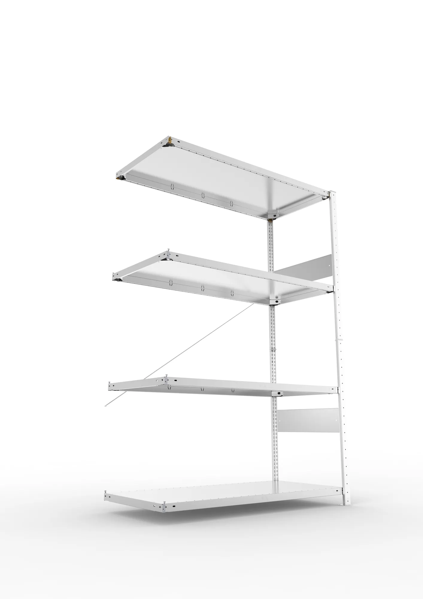 META CLIP SPLIT, Fachbodenregal, Anbauregal, 2000 x 1300 x 600 mm, Fachlast 150 kg, 4 Ebenen, verzinkt – Ansicht von unten