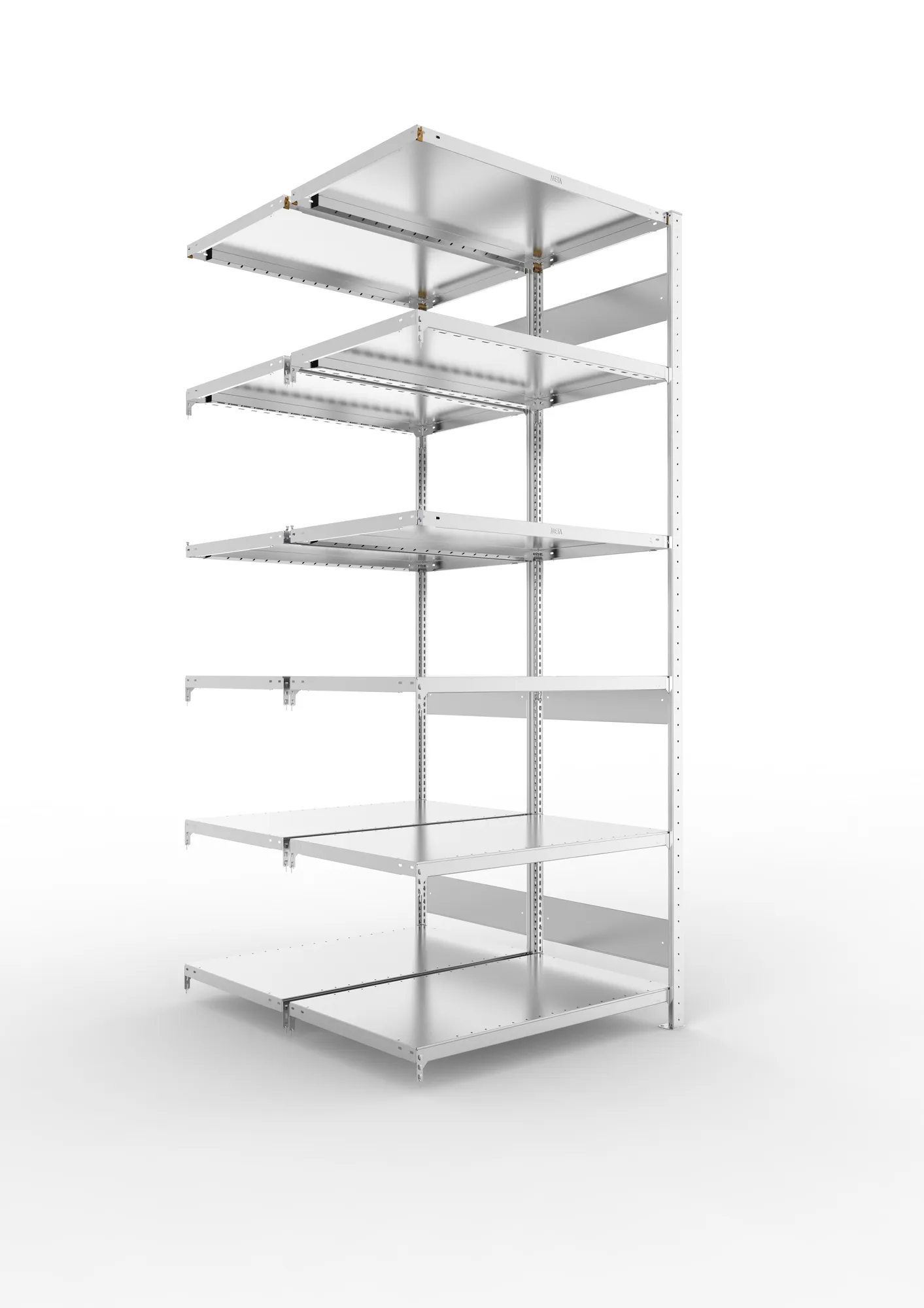 META CLIP S3, Fachbodenregal, Doppel-Anbauregal, 2500 x 1000 x 600 mm, Fachlast 230 kg, 6 Ebenen, Längsriegel, verzinkt – Ansicht in Blickhöhe