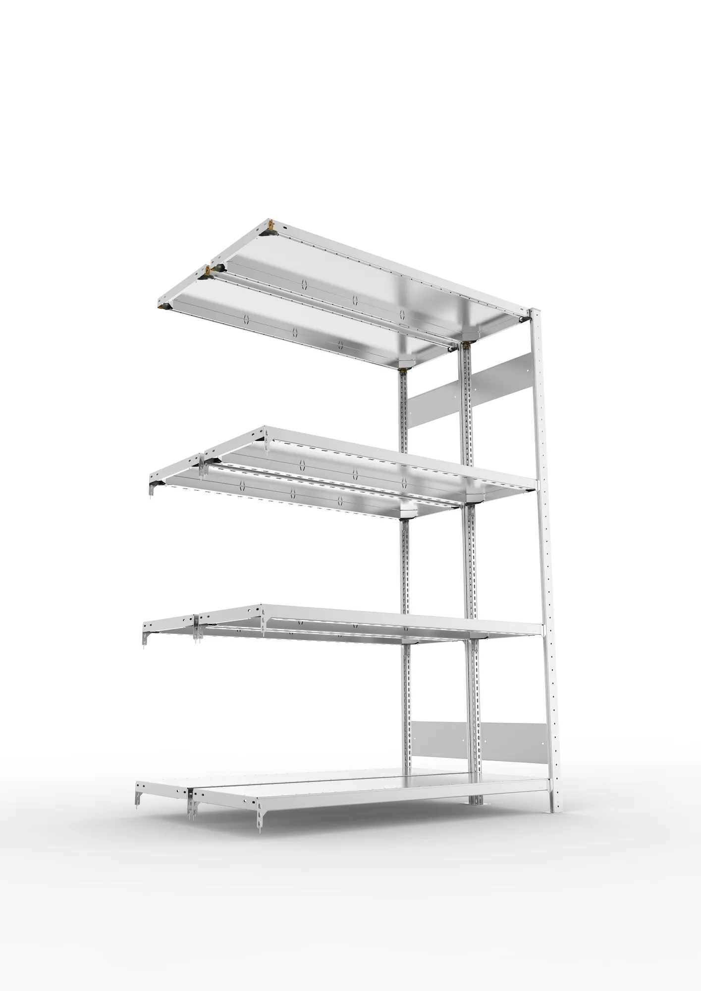 META CLIP S3, Fachbodenregal, Doppel-Anbauregal, 2000 x 1300 x 400 mm, Fachlast 230 kg, 4 Ebenen, Längsriegel, verzinkt – Ansicht von unten