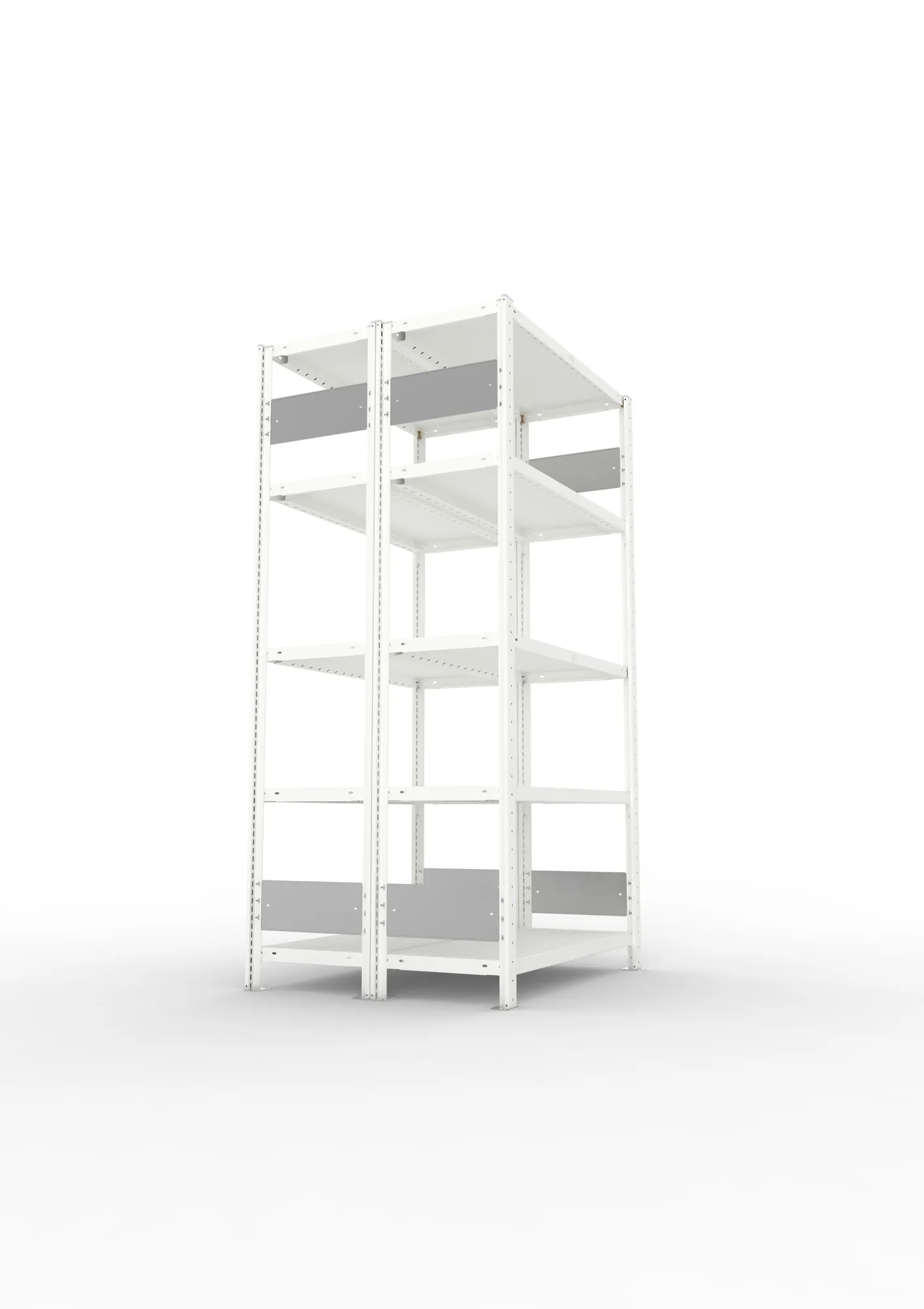 META CLIP S3, Fachbodenregal, Doppel-Grundregal, 2000 x 1000 x 400 mm, Fachlast 230 kg, 5 Ebenen, Längsriegel, RAL 7035 – Seitenansicht