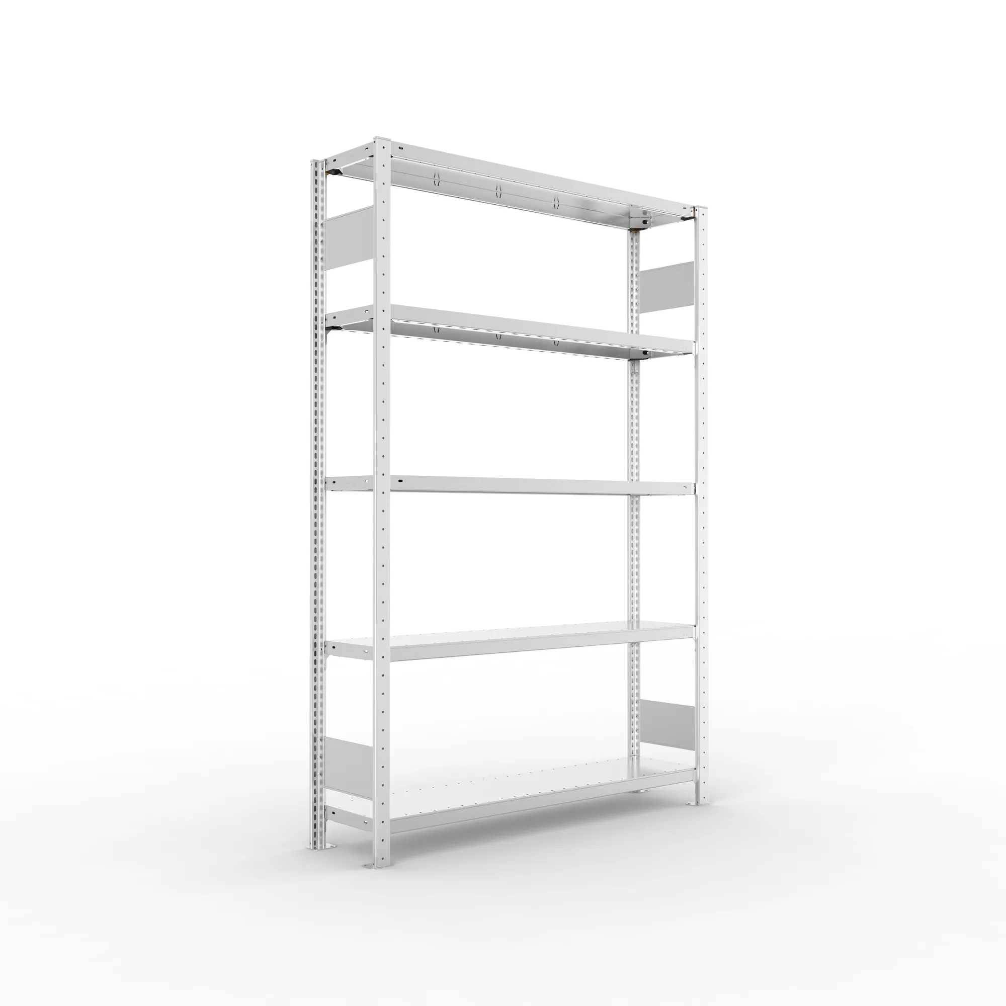 META CLIP S3, Fachbodenregal, Grundregal, 2000 x 1300 x 300 mm, Fachlast 230 kg, 4 Ebenen, Längsriegel, verzinkt – Ansicht in Blickhöhe