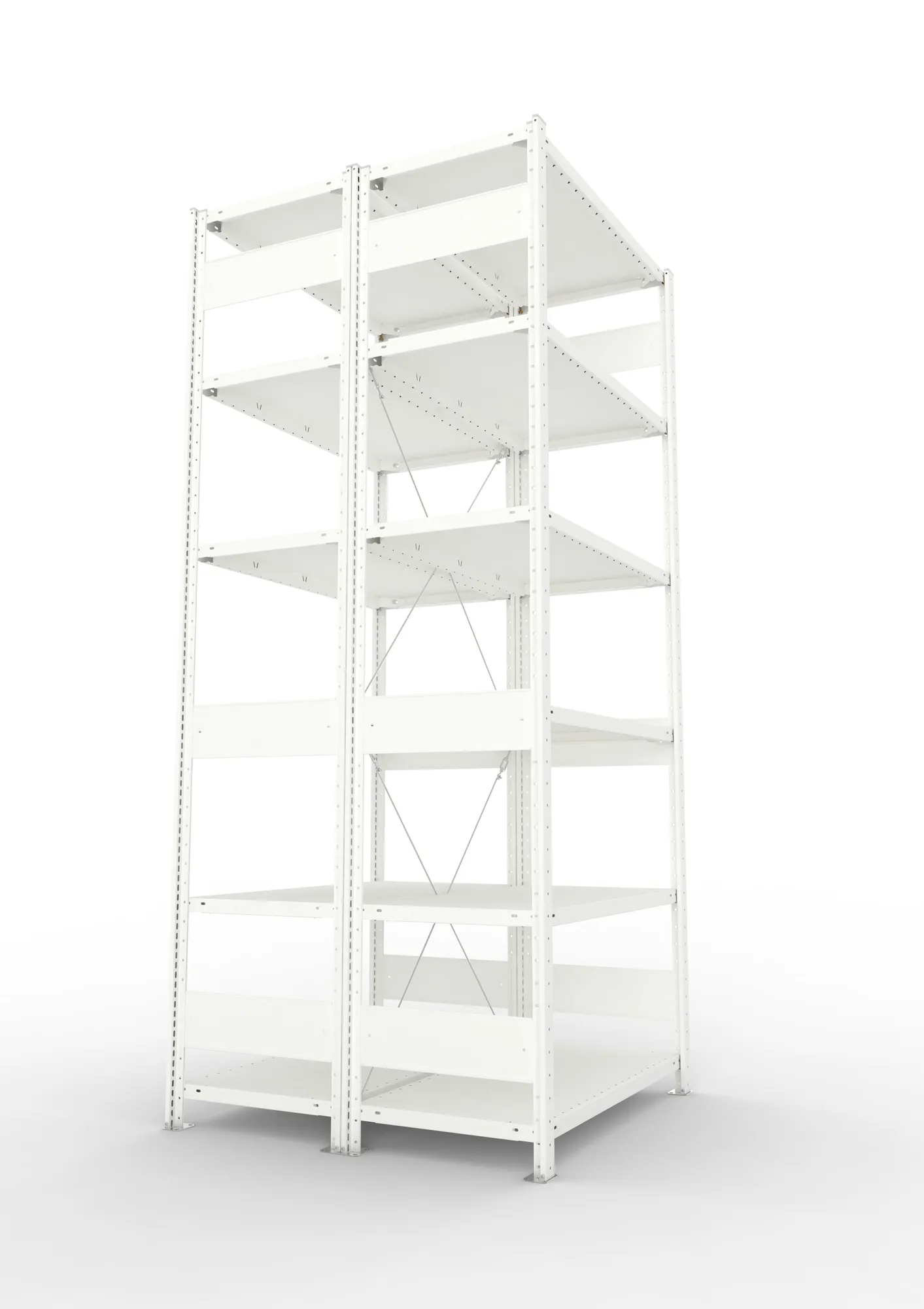 META CLIP, Fachbodenregal, Doppel-Grundregal, 2500 x 1000 x 500 mm, Fachlast 150 kg, 6 Ebenen, RAL 7035 – Seitenansicht