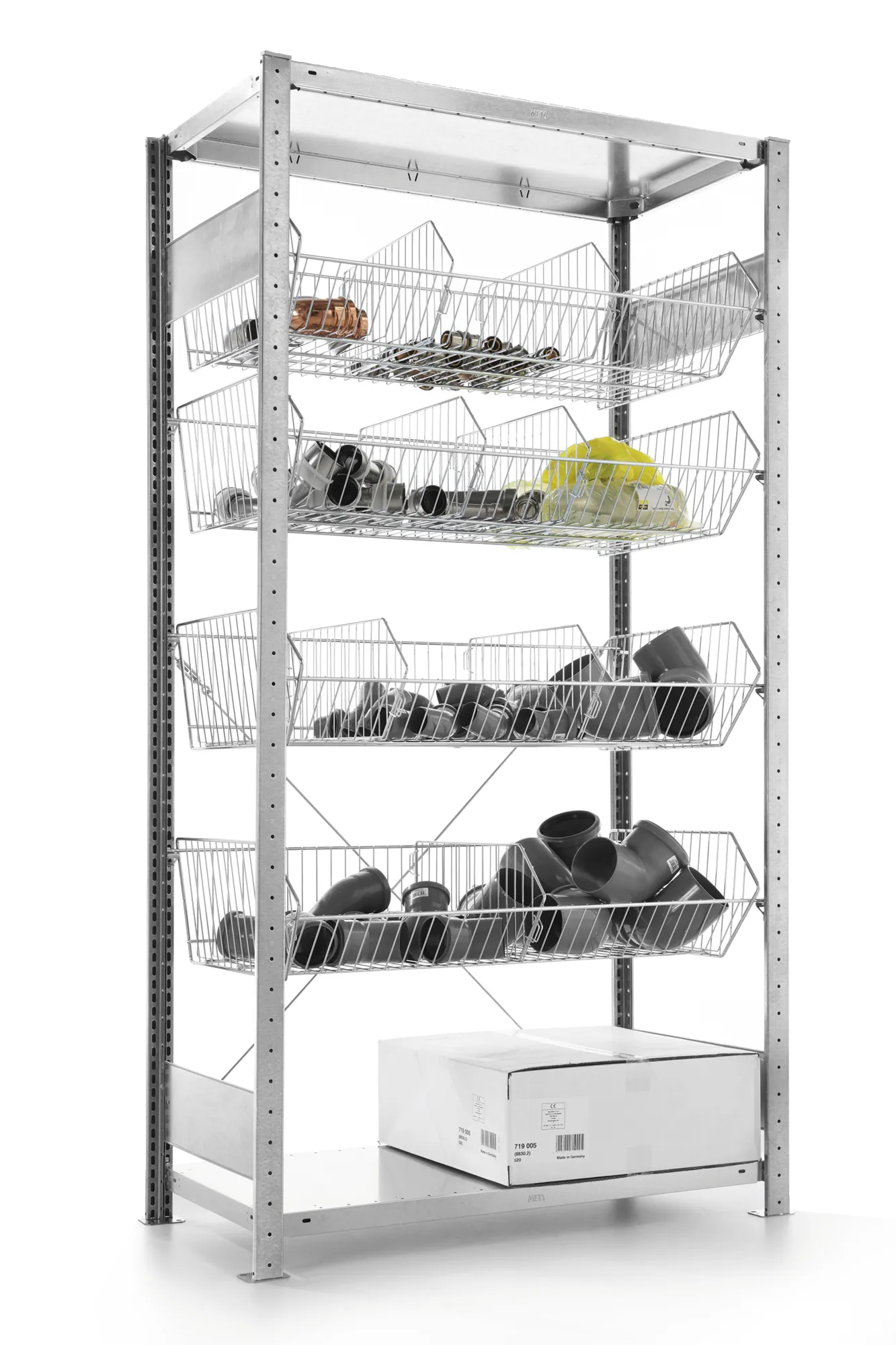 META CLIP, Gitterkorbregal, Grundregal, 2000 x 1000 x 500 mm, Fachlast 35 kg, verzinkt – mit Beispielbefüllung