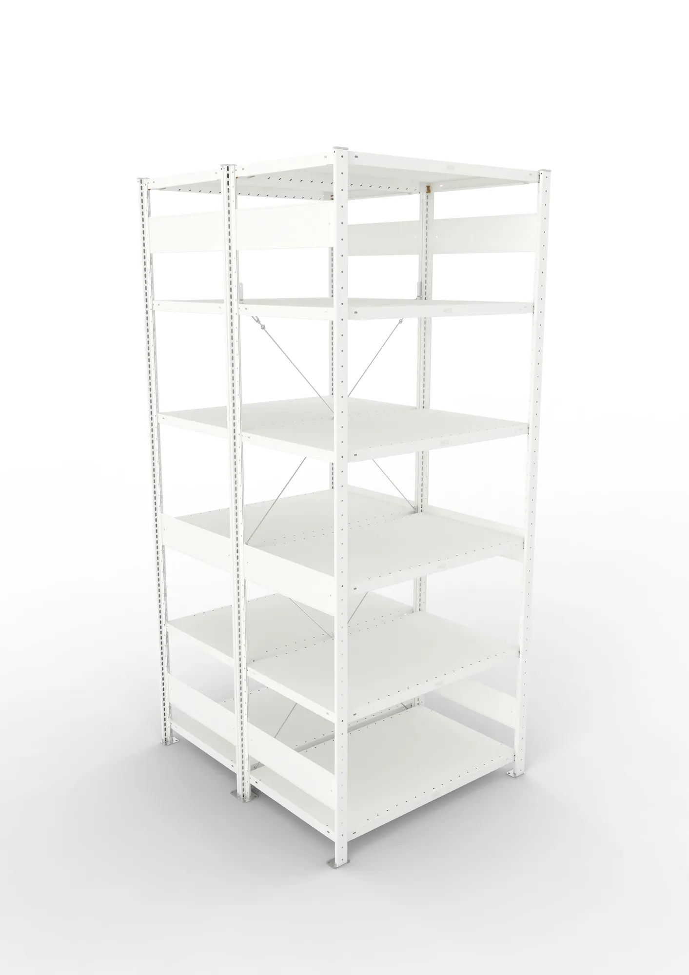 META CLIP, Fachbodenregal, Doppel-Grundregal, 2500 x 1000 x 600 mm, Fachlast 230 kg, 6 Ebenen, RAL 7035 – Ansicht von oben