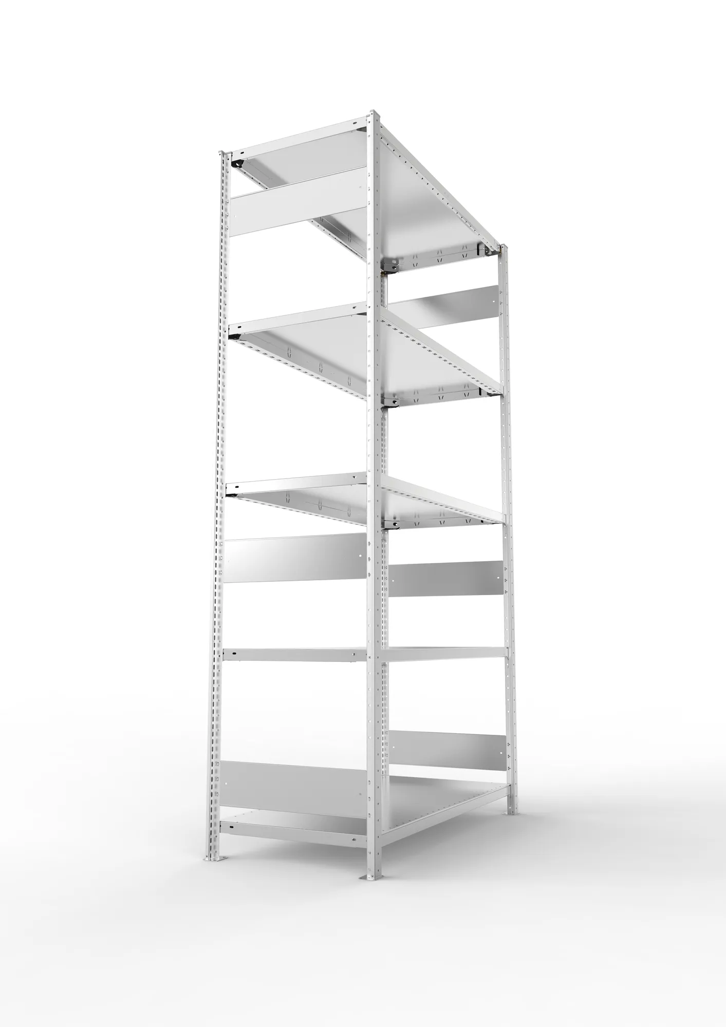 META CLIP S3, Fachbodenregal, Grundregal, 2500 x 1300 x 600 mm, Fachlast 230 kg, 5 Ebenen, Längsriegel, verzinkt – Seitenansicht