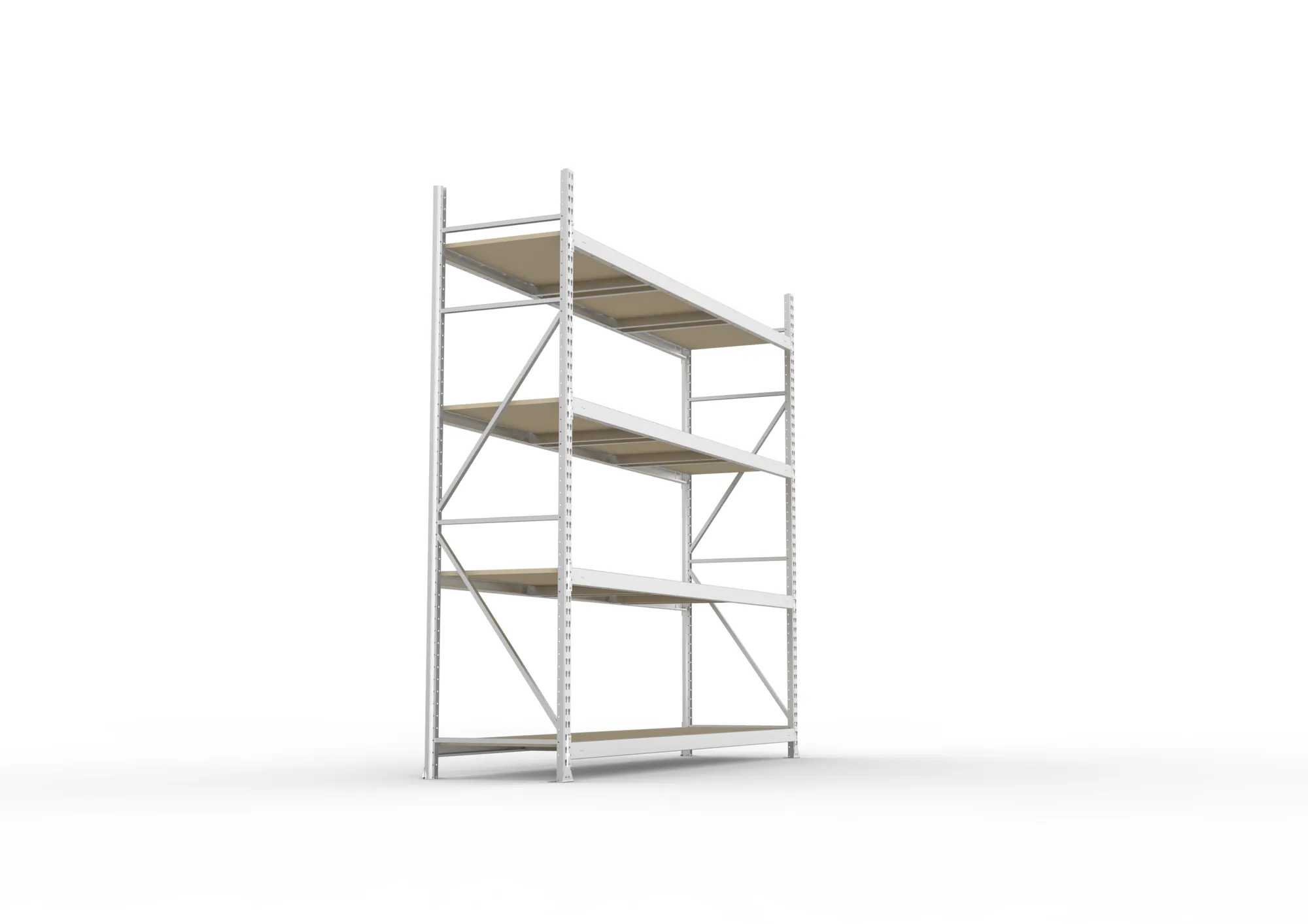 META MINI-RACK, Weitspannregal, Grundregal, 2500 x 2600 x 650 mm, Fachlast 490 kg, Spanplattenböden, 4 Ebenen – Seitenansicht
