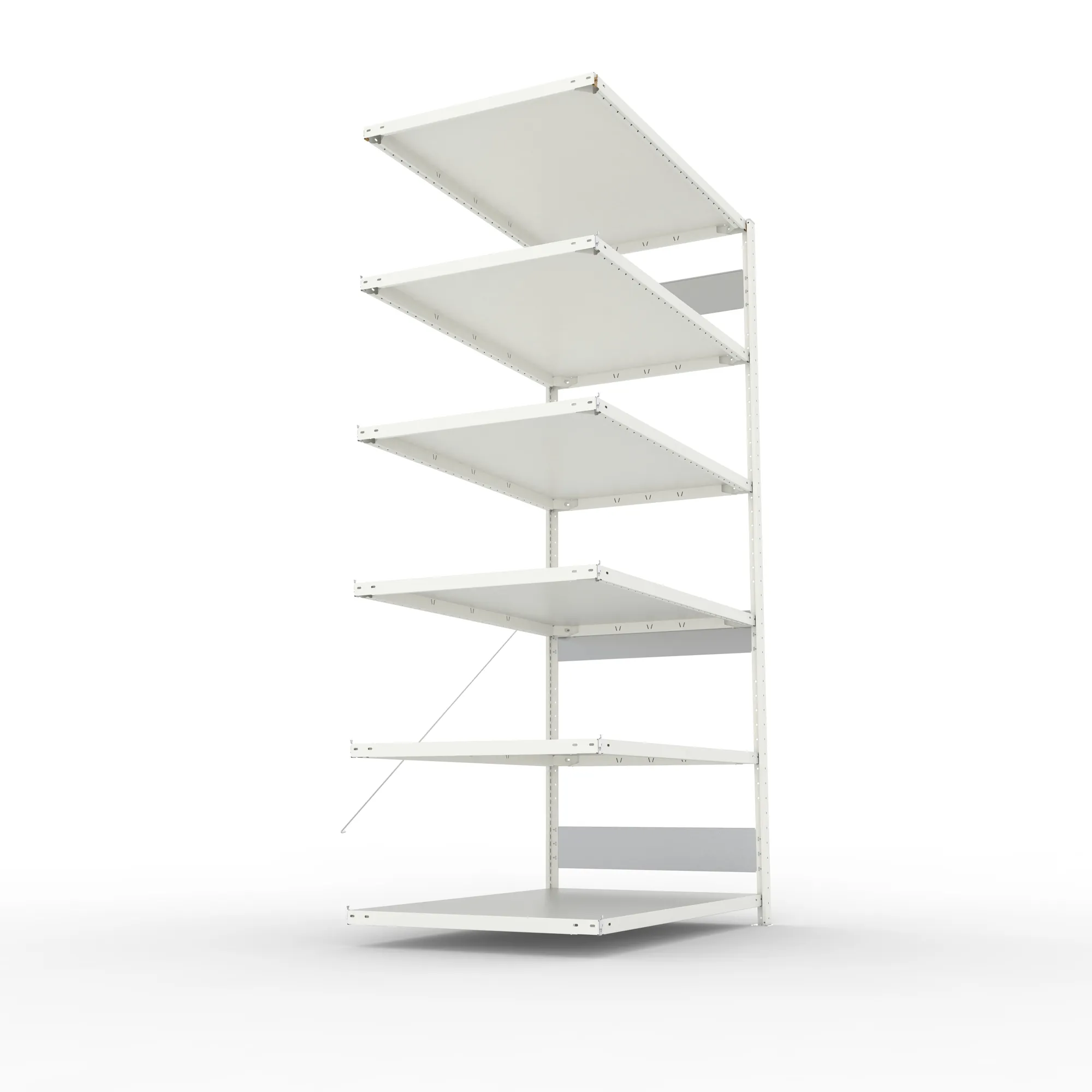 META CLIP S3, Fachbodenregal, Anbauregal, 2500 x 1300 x 800 mm, Fachlast 230 kg, 6 Ebenen, RAL 7035 – Seitenansicht