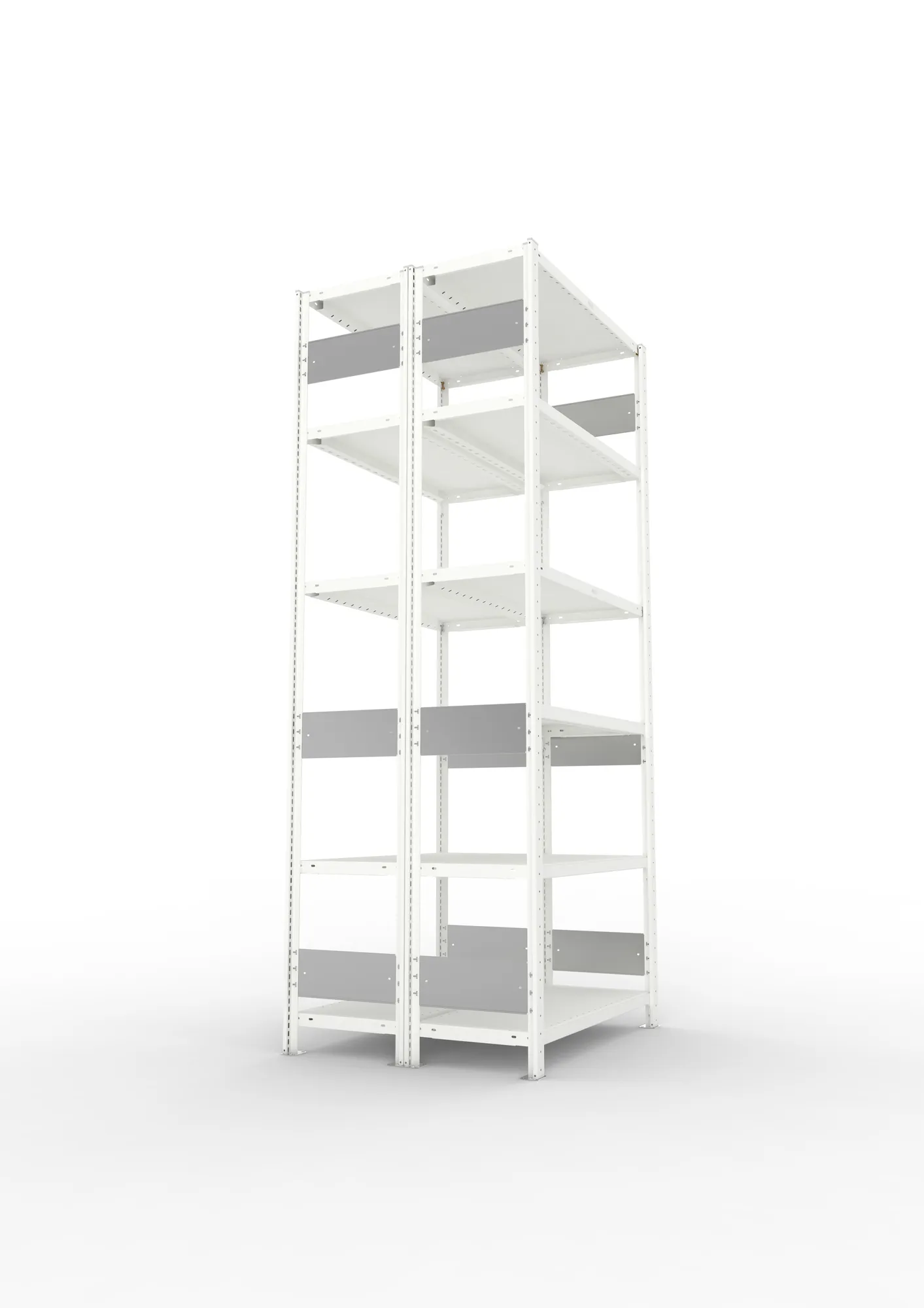 META CLIP S3, Fachbodenregal, Doppel-Grundregal, 2500 x 1000 x 400 mm, Fachlast 230 kg, 6 Ebenen, Längsriegel, RAL 7035 – Seitenansicht