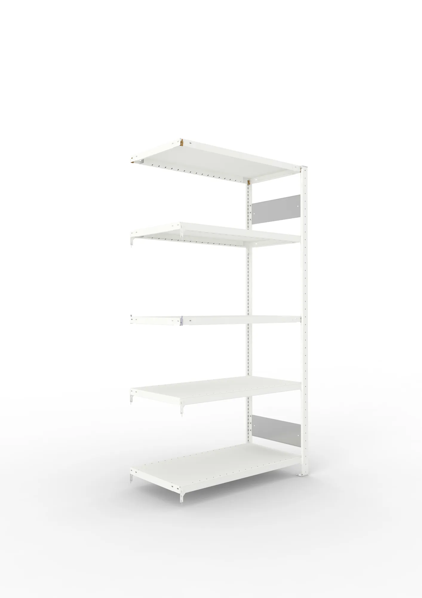 META CLIP S3, Fachbodenregal, Anbauregal, 2000 x 1000 x 600 mm, Fachlast 230 kg, 5 Ebenen, Längsriegel, RAL 7035 – Ansicht in Blickhöhe