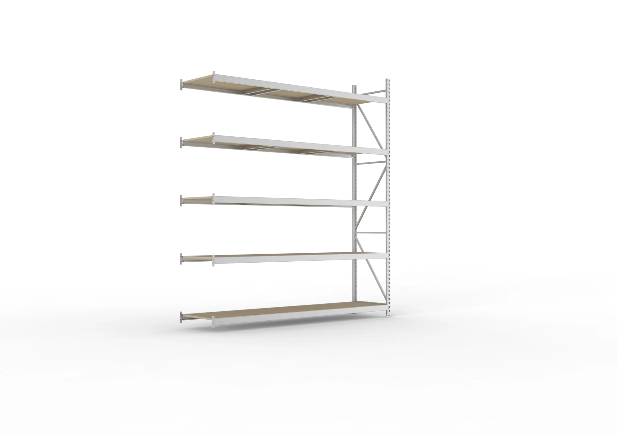 META MINI-RACK, Weitspannregal, Anbauregal, 3000 x 2600 x 650 mm, Fachlast 490 kg, Spanplattenböden, 5 Ebenen – Ansicht in Blickhöhe
