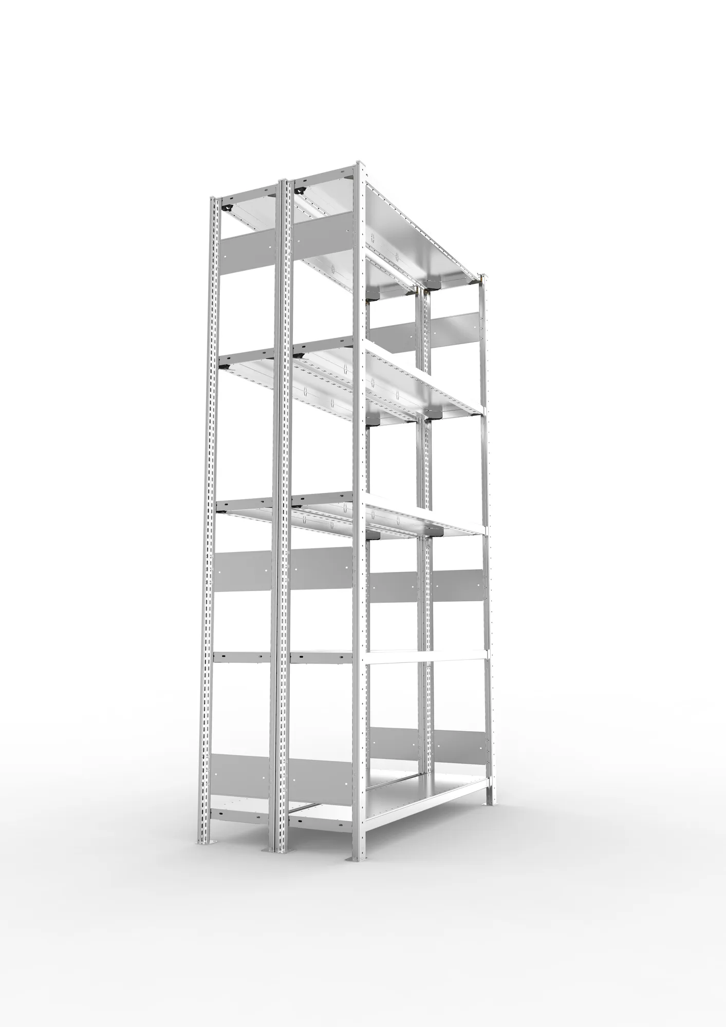 META CLIP S3, Fachbodenregal, Doppel-Grundregal, 2500 x 1300 x 300 mm, Fachlast 230 kg, 5 Ebenen, Längsriegel, verzinkt – Seitenansicht