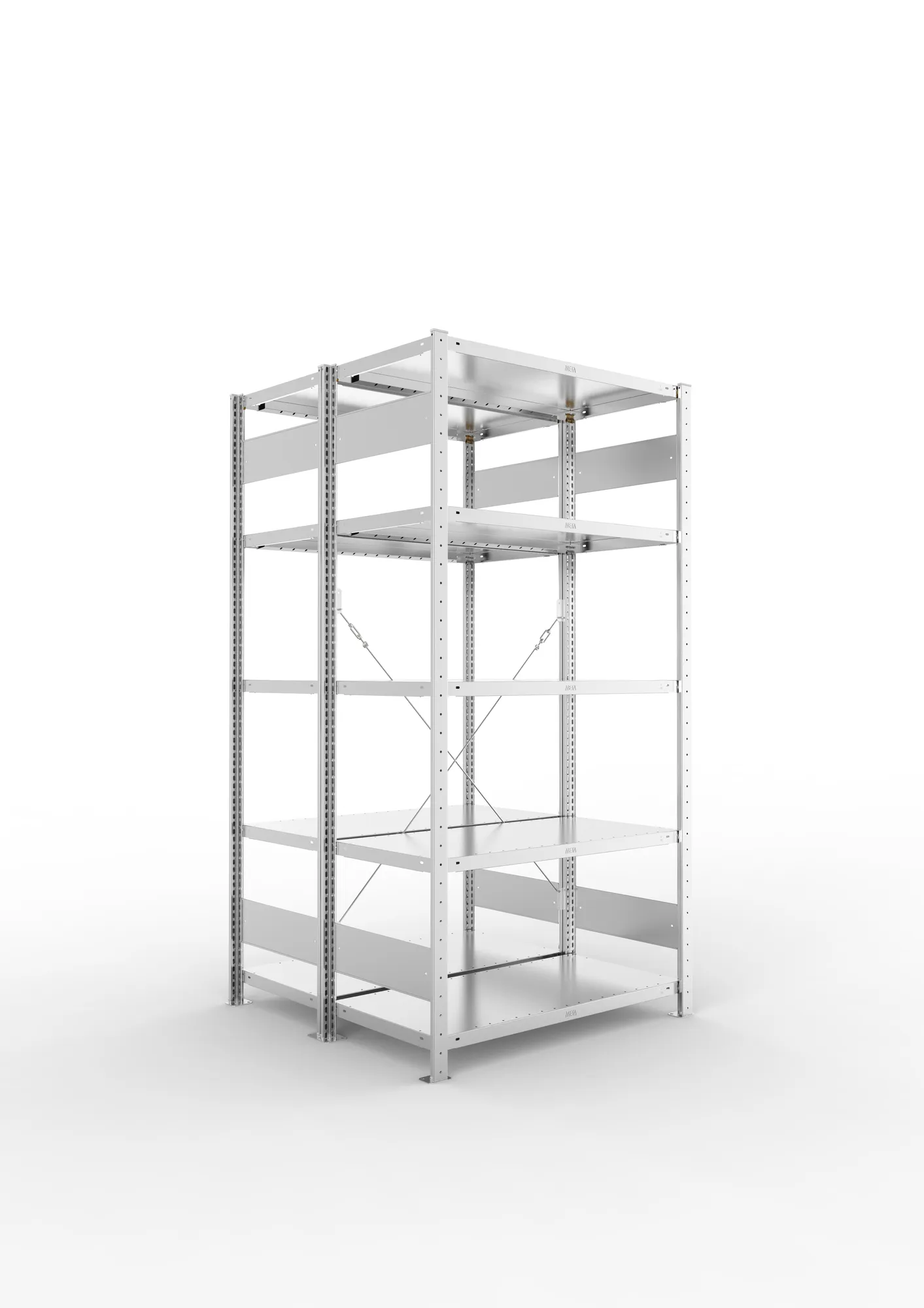 META CLIP, Fachbodenregal, Doppel-Grundregal, 2000 x 1000 x 500 mm, Fachlast 230 kg, 5 Ebenen, verzinkt – Ansicht in Blickhöhe