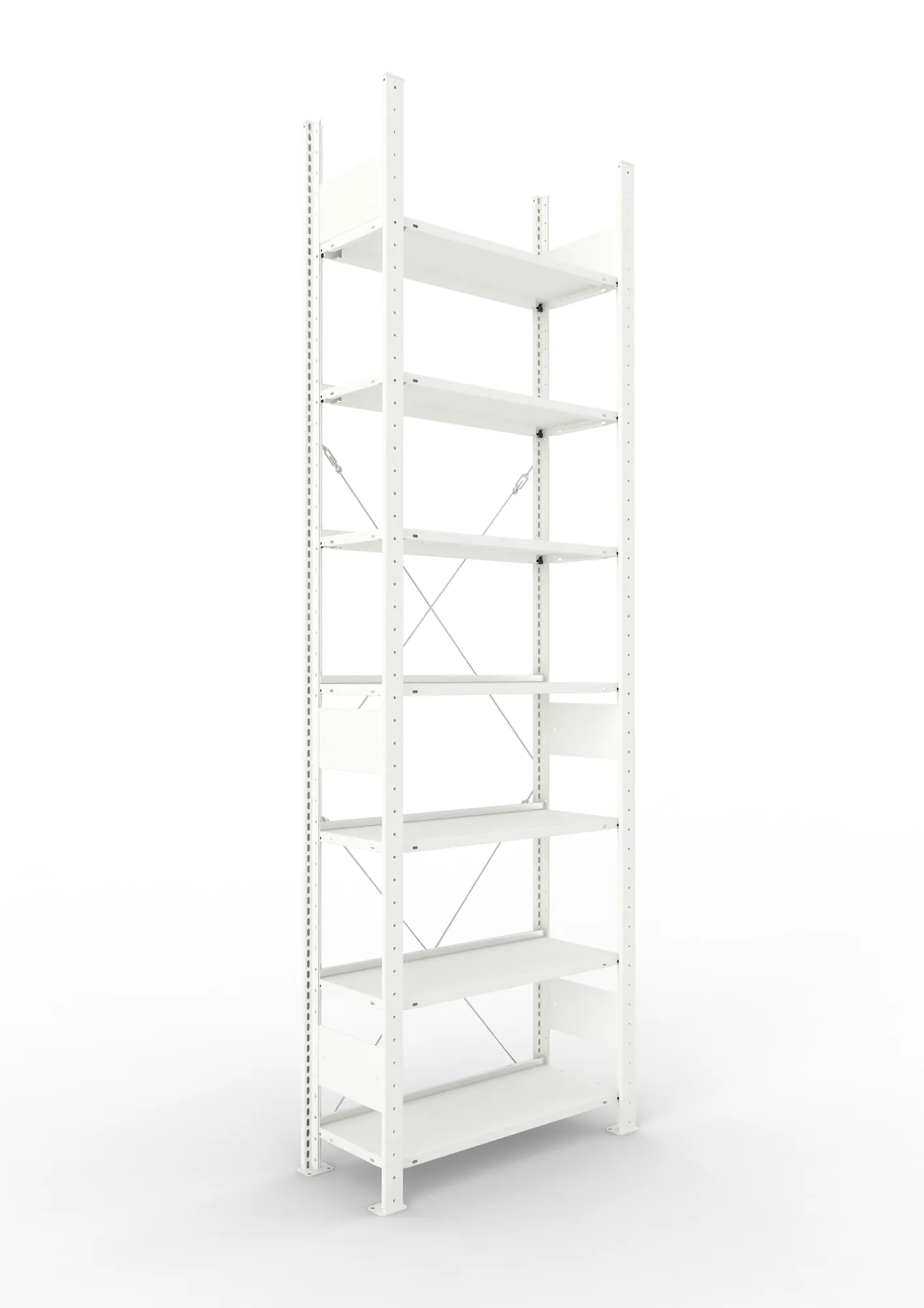META CLIP COMPACT, Büro-Steckregal, Grundregal, 2500 x 750 x 300 mm, Fachlast 80 kg, 7+0 Ebenen, RAL 7035 – Ansicht in Blickhöhe