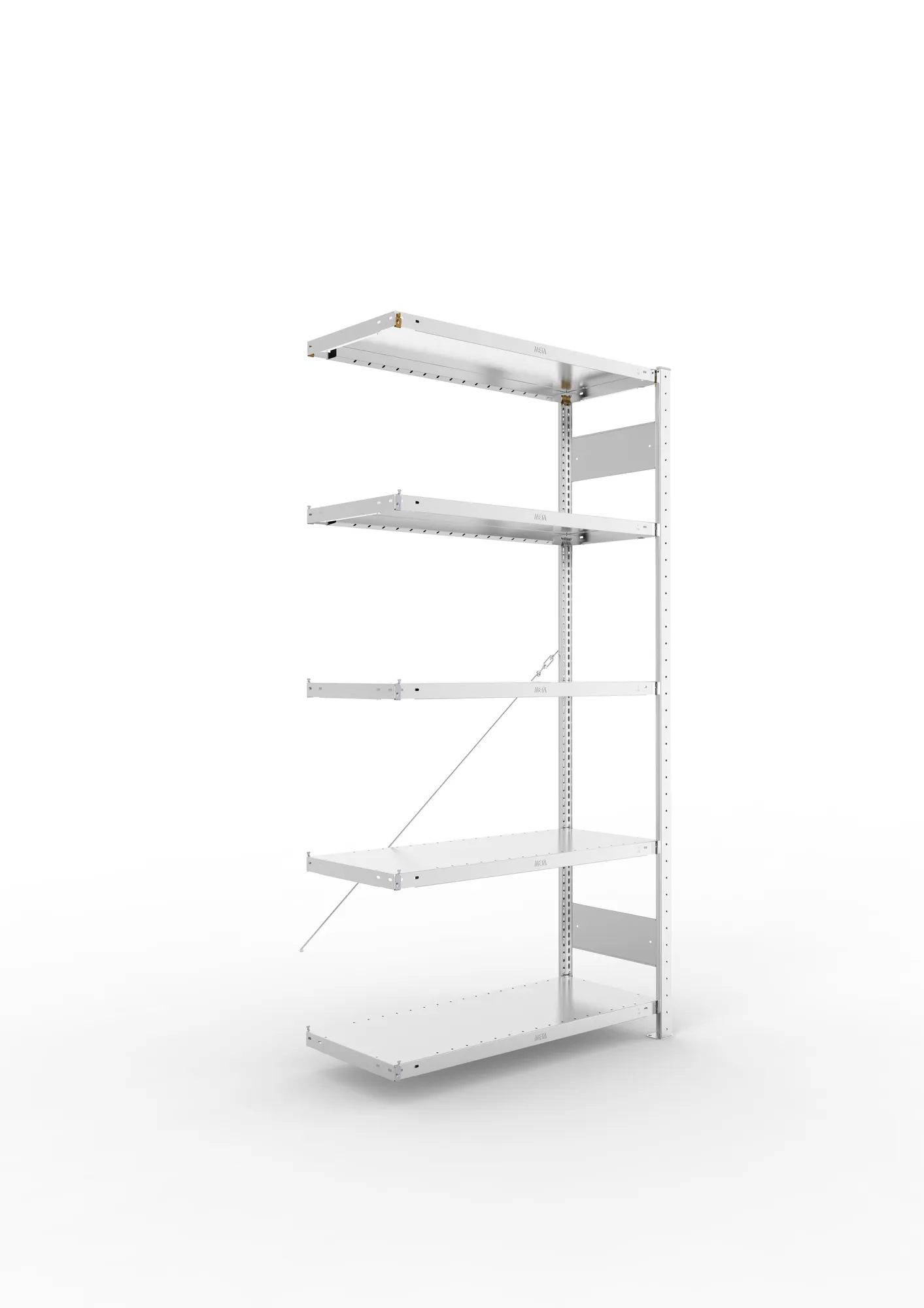 META CLIP, Fachbodenregal, Anbauregal, 2000 x 1000 x 400 mm, Fachlast 230 kg, 5 Ebenen, verzinkt – Ansicht in Blickhöhe