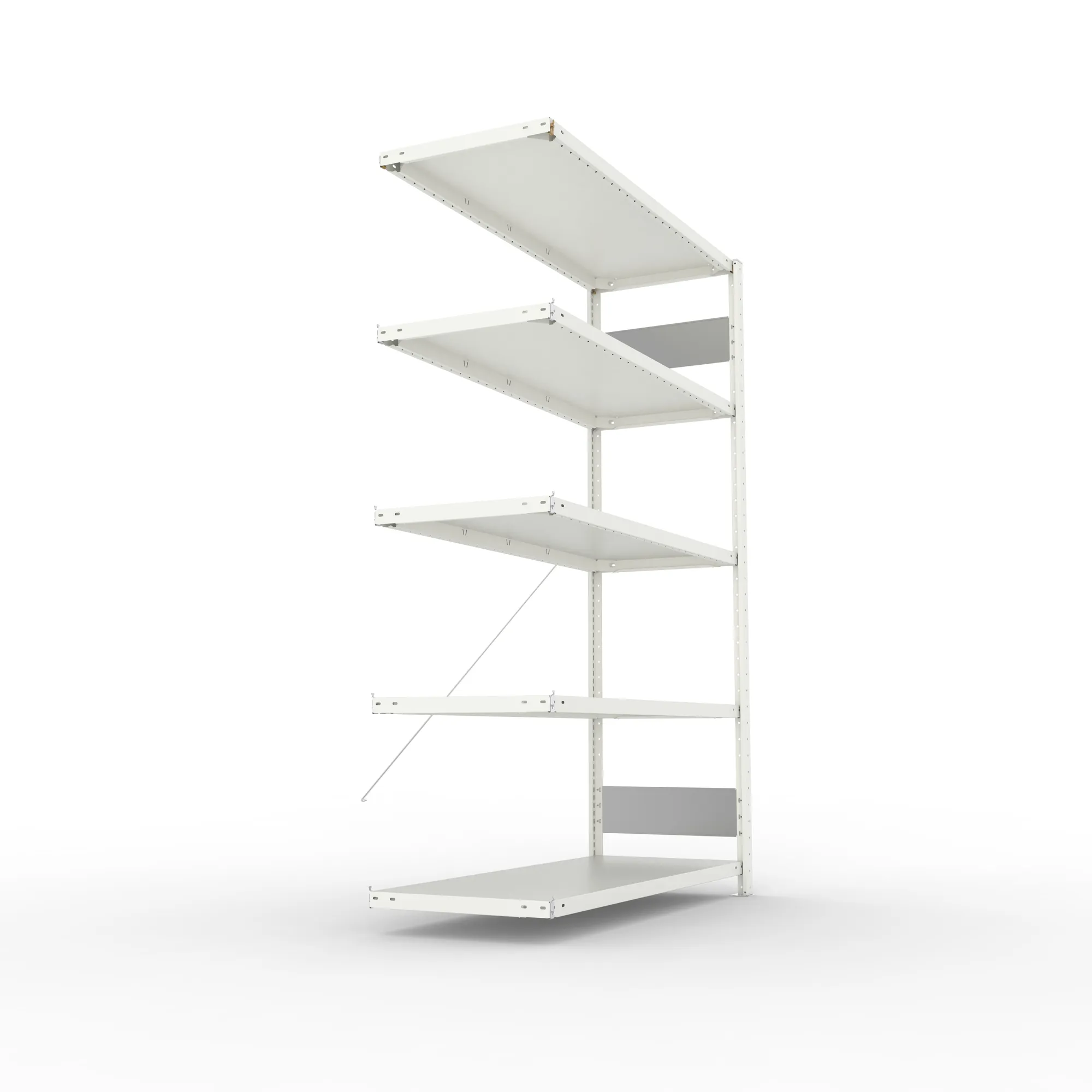 META CLIP S3, Fachbodenregal, Anbauregal, 2000 x 1300 x 500 mm, Fachlast 150 kg, 5 Ebenen, RAL 7035 – Seitenansicht