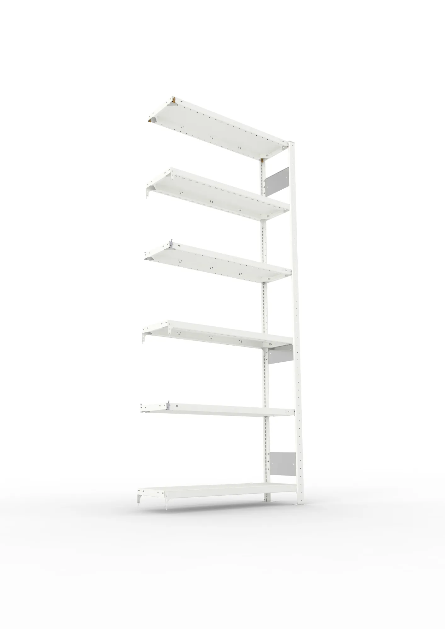 META CLIP S3, Fachbodenregal, Anbauregal, 2500 x 1000 x 300 mm, Fachlast 150 kg, 6 Ebenen, Längsriegel, RAL 7035 – Ansicht von unten