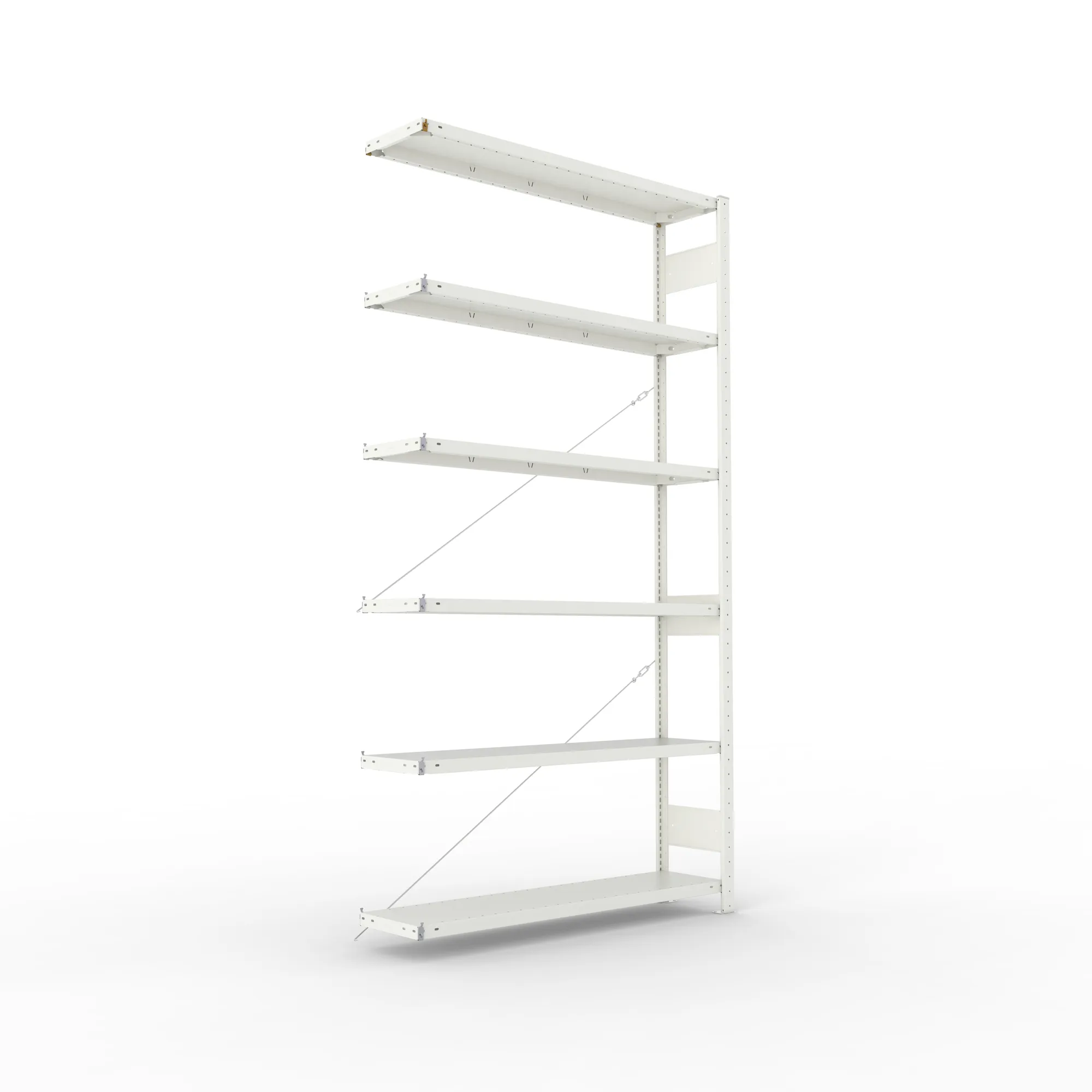 META CLIP, Fachbodenregal, Anbauregal, 2500 x 1300 x 300 mm, Fachlast 230 kg, 6 Ebenen, RAL 7035 – Ansicht in Blickhöhe